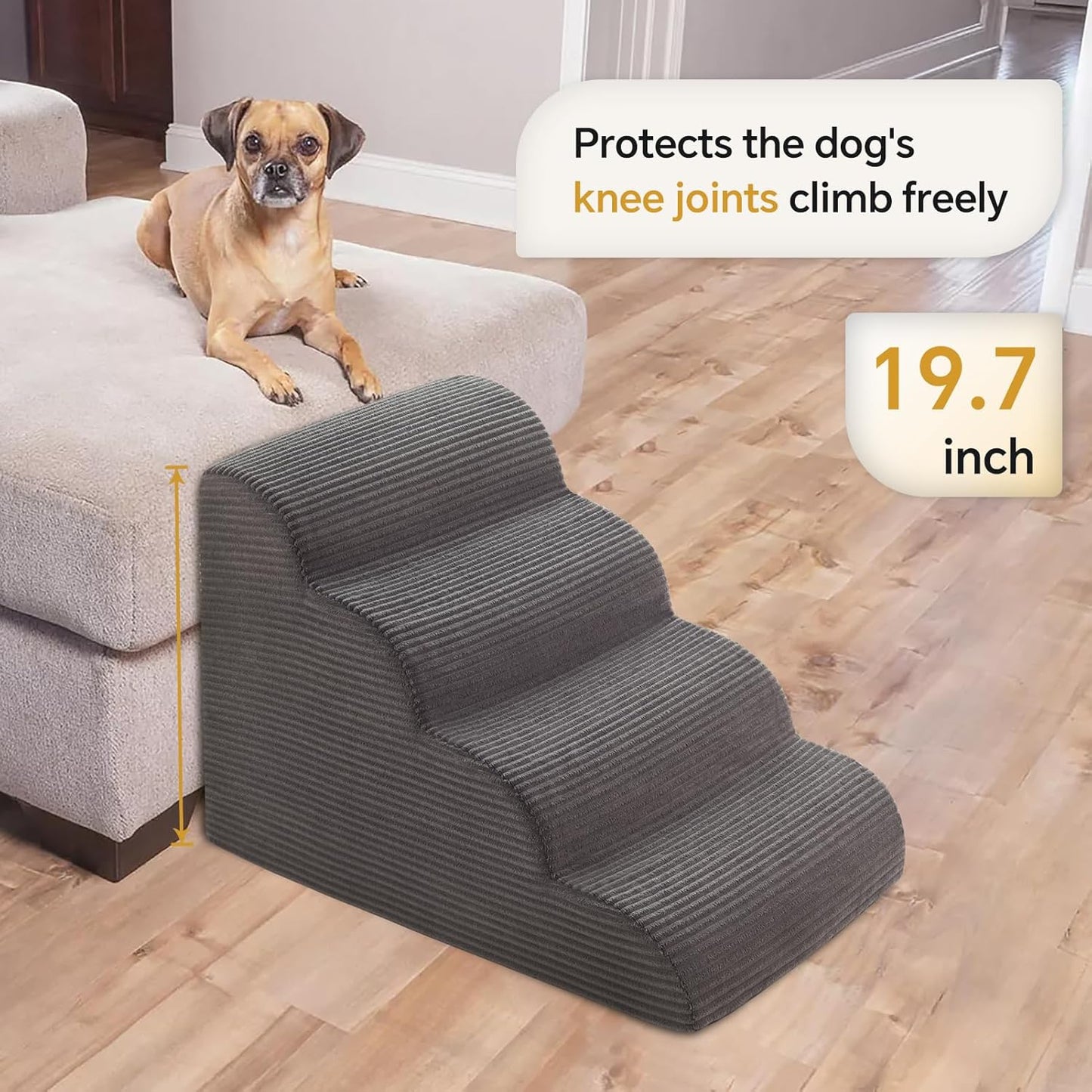 Curved Dog Stairs Ramp for High Beds 19.7" H, 4-Step Dog Steps for Small Dogs and Cats, Removable and Washable Pet Stairs for High Bed Climbing, Non-Slip Balanced Pet Step Indoor, Deep Grey