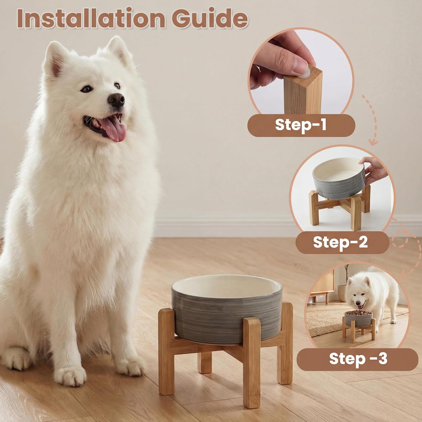 hjn Elevated Ceramic Dog Bowl with Bamboo Stand, Raised Pet Feeding Station for Small Medium Dogs Cats, Modern Design with Anti-Slip Base (White Gray, 7.6Cup)