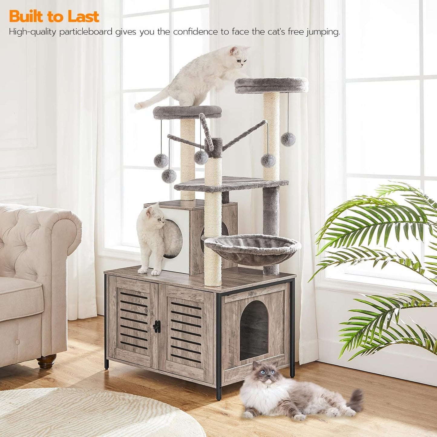 HOOBRO Cat Tree with Litter Box Enclosure, 27.6" L x 18.9" W x 52" H, All-in-One Wooden Cat Tower, Cat Furniture for Indoor Cats, Cat Condo with Hammock, Detachable Teaser Sticks, Greige BG14MZ03