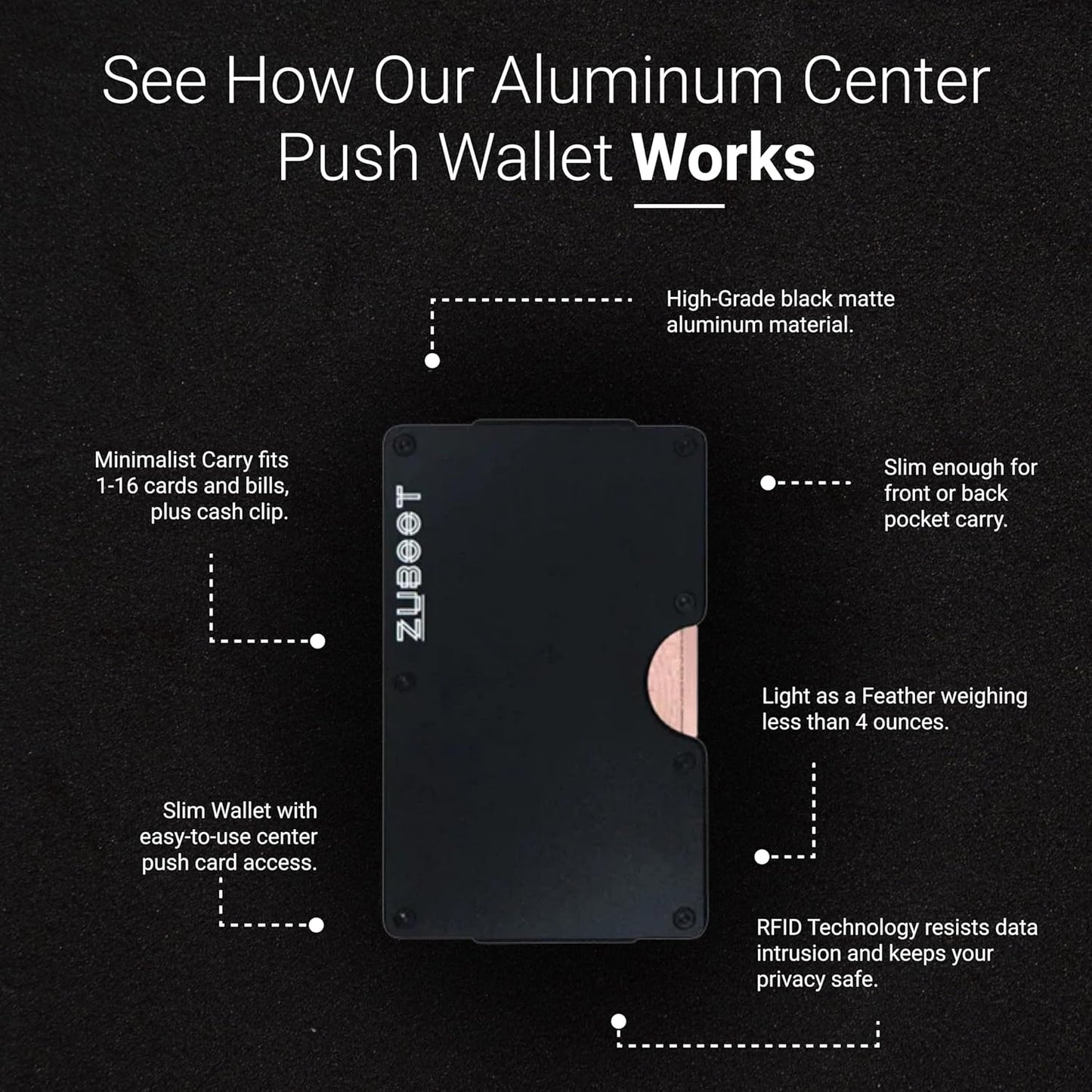 Aluminum RFID Wallet for Men – Slim Black Metal Front Pocket Card Holder with Built-In Cash Clip – Durable, Lightweight Minimalist Wallet for Everyday Carry (Black, Holds 16 Cards)