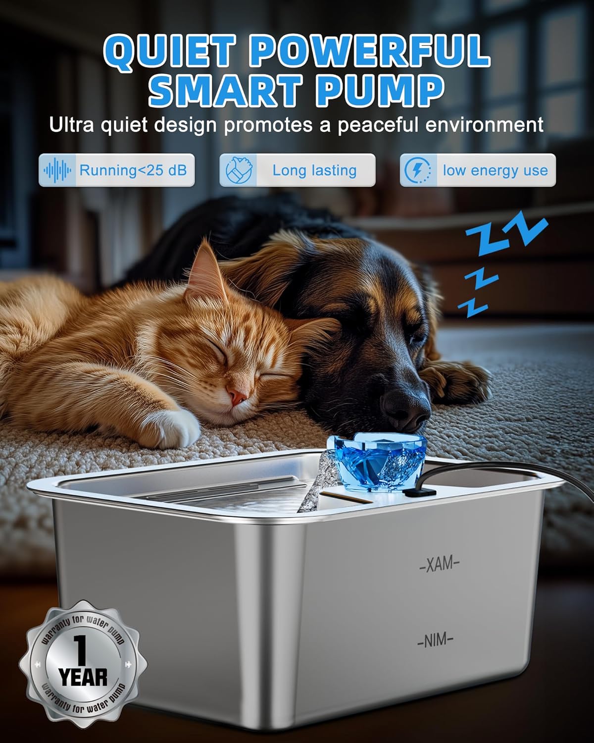 Lesotc Dog Water Fountain for Large Dogs, 11L/3Galon Stainless Steel Large Pet Water Fountain with 4 Filters, Automatic Dog Water Bowl Dispenser, Ultra-Quiet Pump, Ideal for Multi-Pet Home