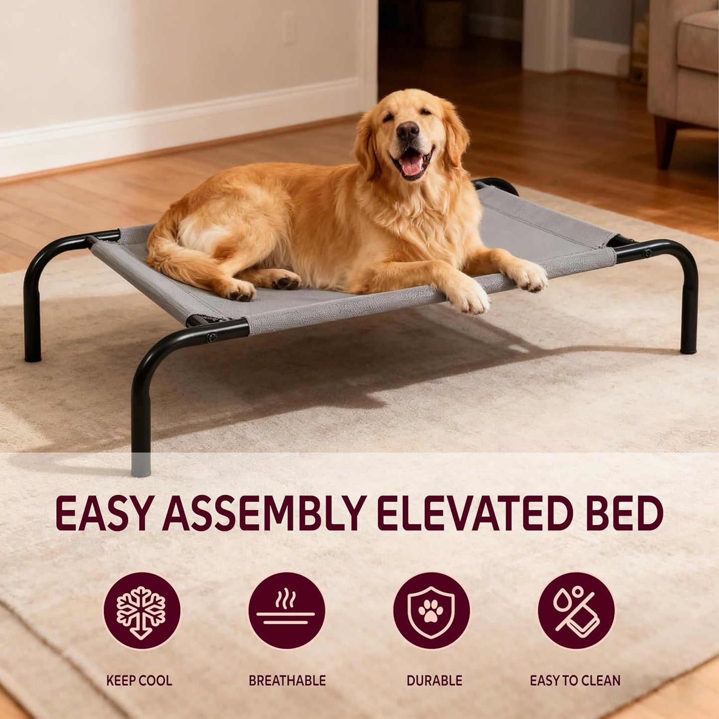 Elevated Dog Bed with Breathable Mesh Fabric, Raised Pet Cot with Airflow and Support, Durable and Easy to Clean (Grey, Large)