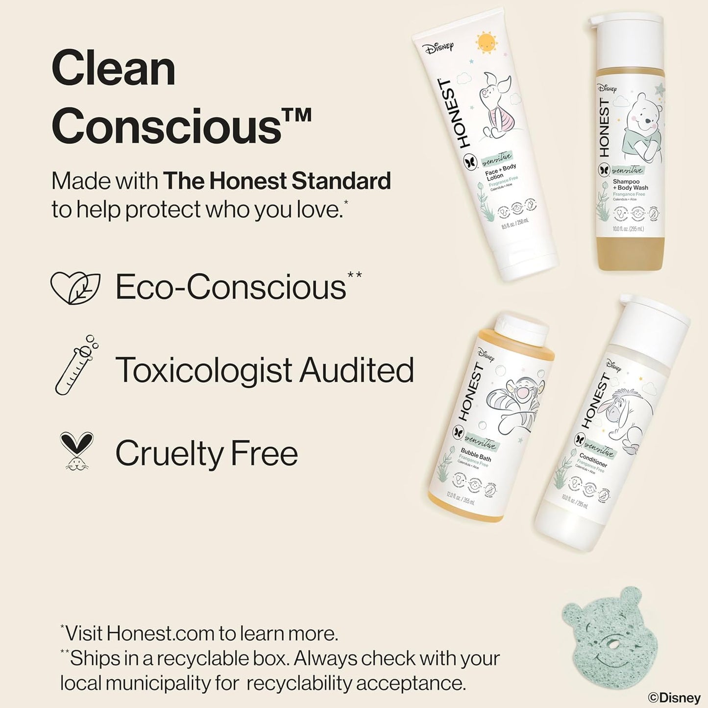 The Honest Company Fragrance-Free Bathtime Gift Set, Disney Design, Hypoallergenic, Bath Essentials for Sensitive Skin, Shampoo and Body Wash, Face Lotion, Bubble Bath, Conditioner, Sponge