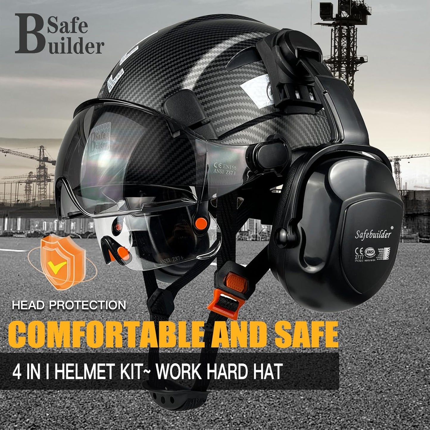 Industrial Safety Helmet with Visor Ear Muffs Hard Hat with Visor Vented Hardhats Construction Work Head Protection ANSI