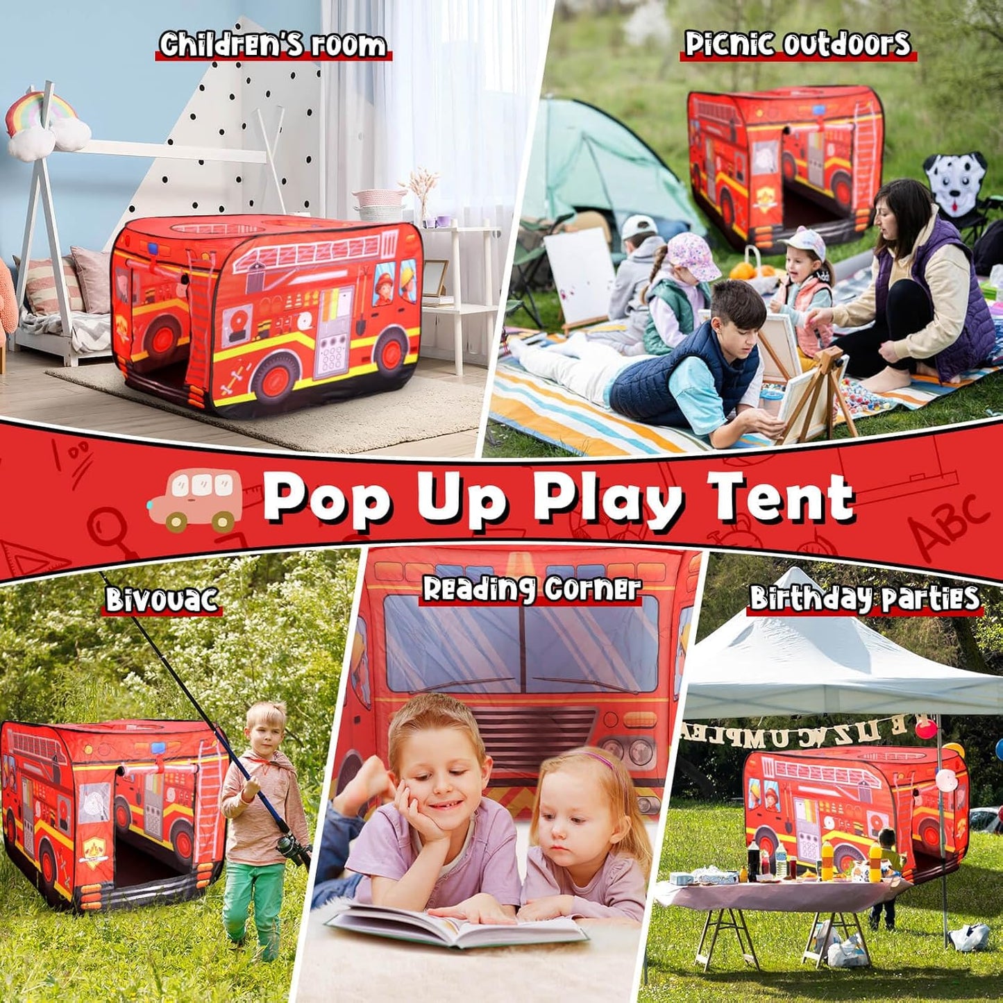 Pop Up Play Tent for Kids Aged 3-5 Years Old Boys and Girls : Fire Truck Tent Playhouse Toy Play Tents for Toddlers 3-5 Kids Tent Indoor Outdoor Playhouse Toys for 3 + Year Old, Fire Truck