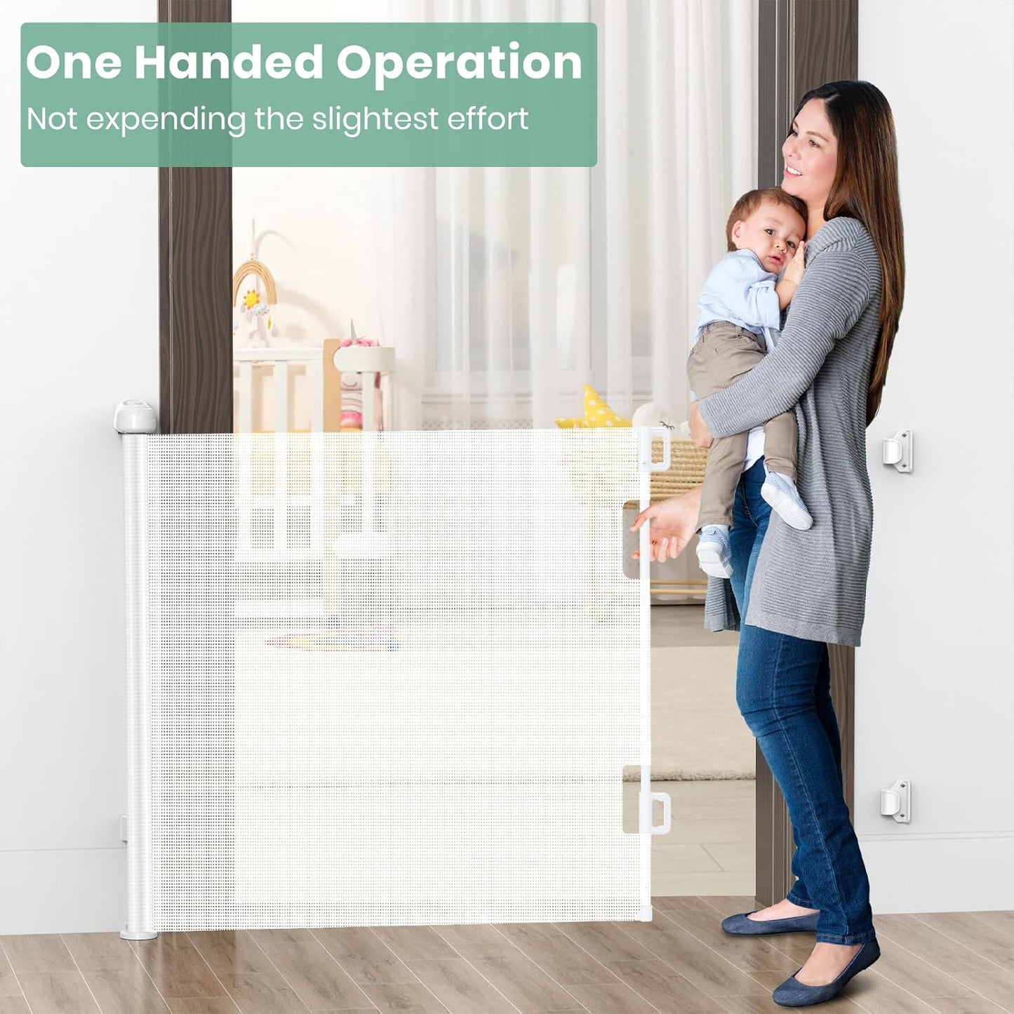 HAMOPY Retractable Baby Gate, 33" Tall, Extends up to 71" Extra Wide Baby Gate, Durable Auto-Lock Mesh Dog Gate, Pets and Child Safety Gates for Stairs, Doorways, Hallways, Indoor, Outdoor(White)