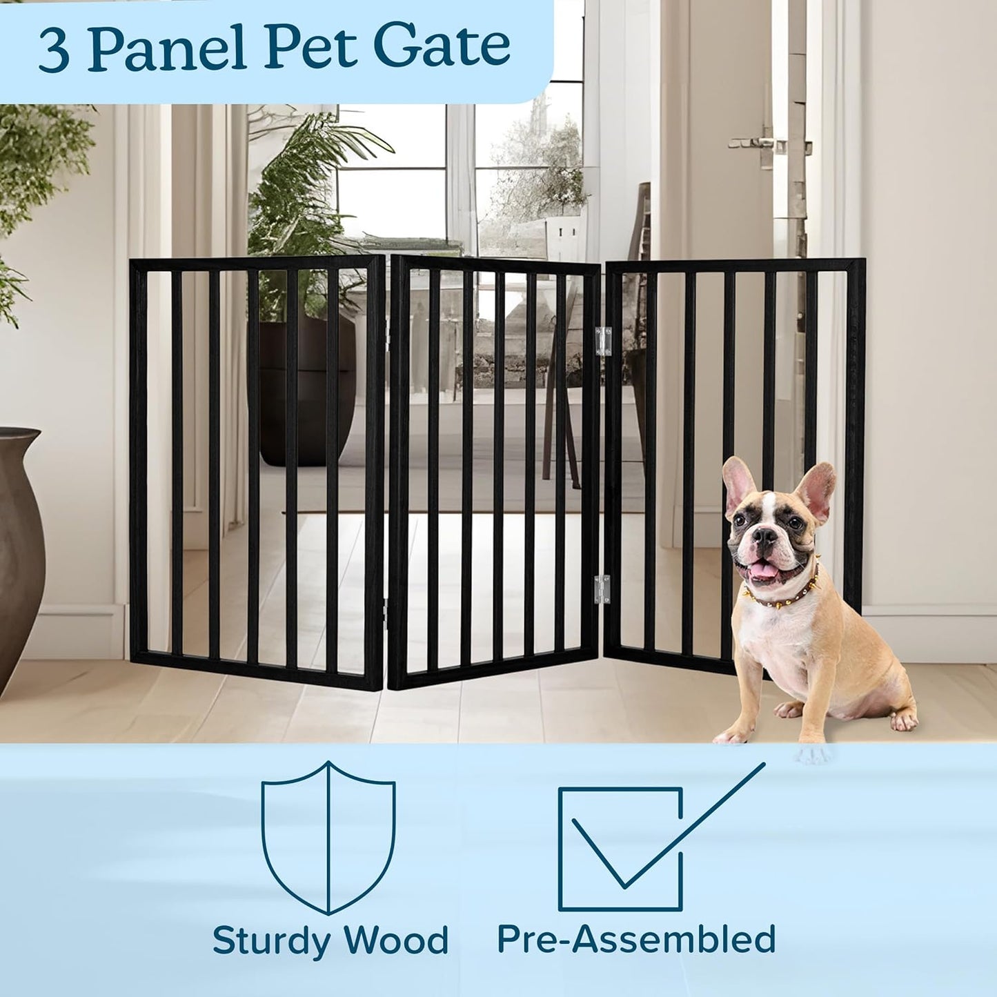Pet Gate - 3-Panel Indoor Foldable Dog Fence for Stairs, Hallways, or Doorways - 54x24-Inch Wood Freestanding Dog Gates by PETMAKER (Black)