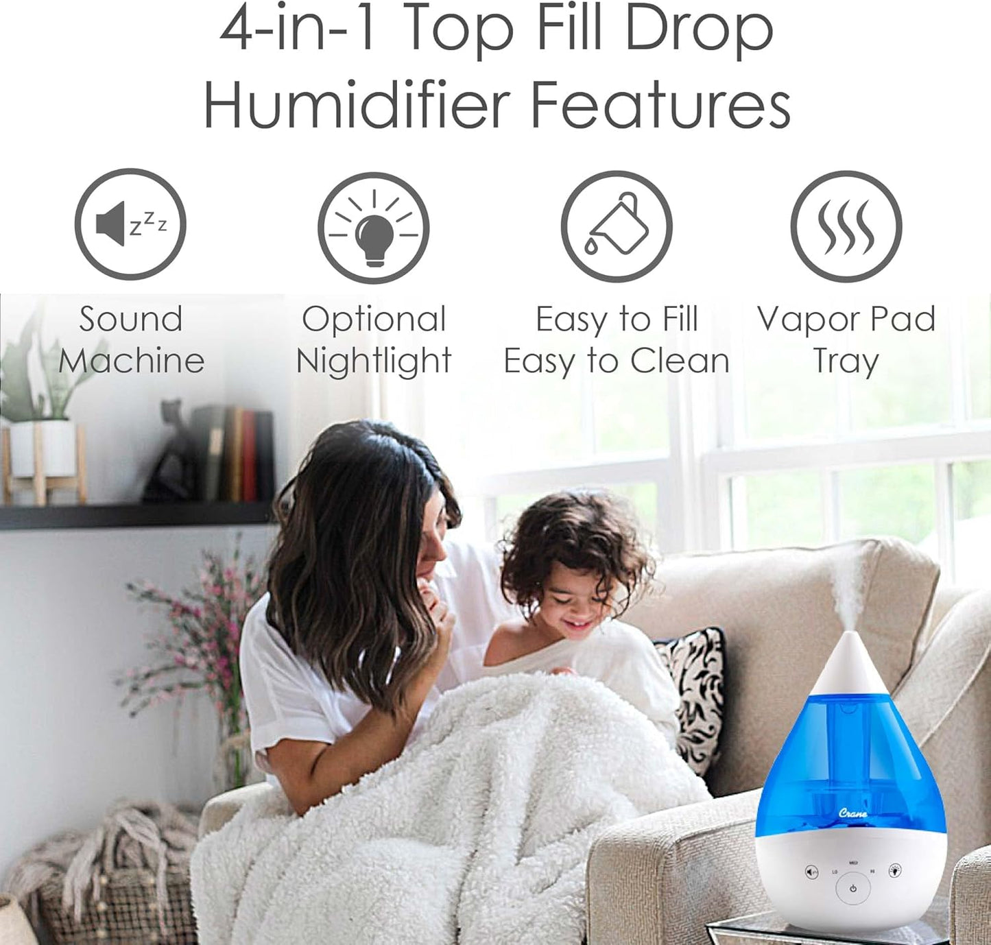 Crane 4-in-1 Drop 2.0 Ultrasonic Cool Mist Humidifier with Sound Machine, Night Light, Aroma Tray, 1 Gallon Top Fill, Blue & White