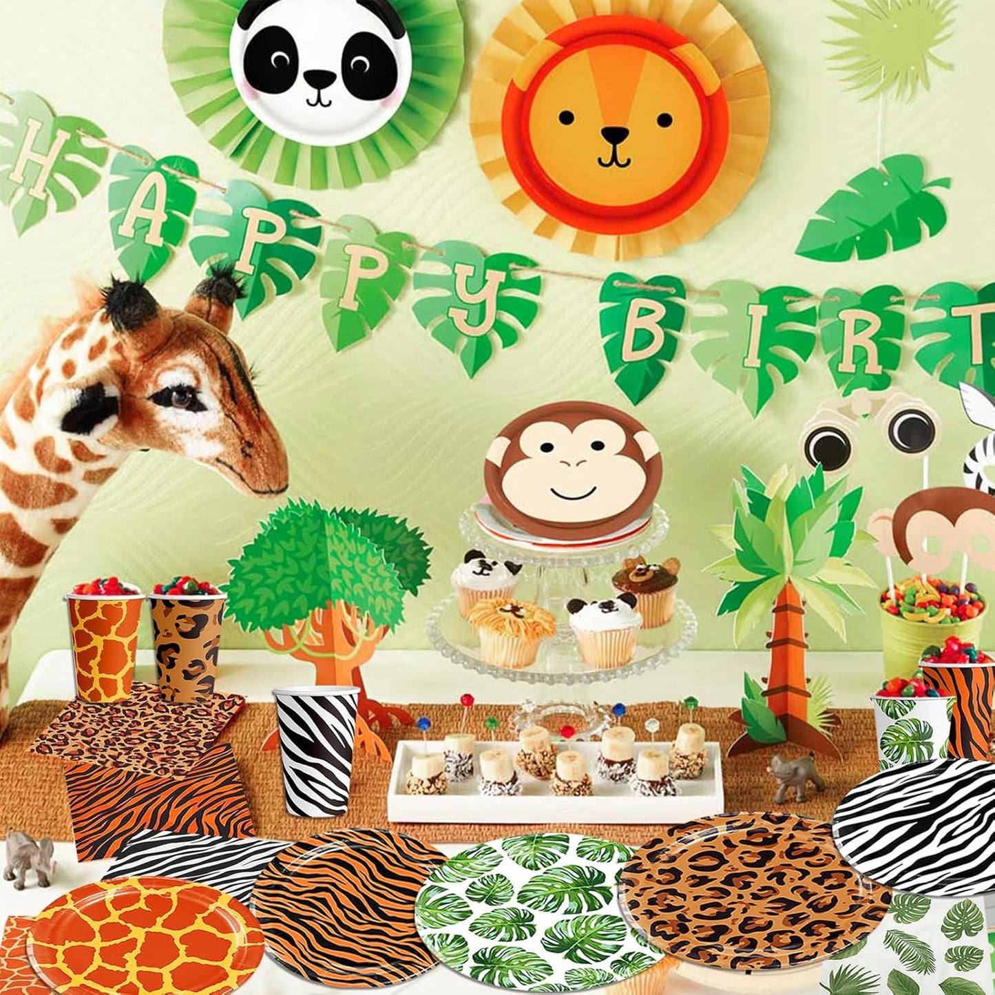 150 Pcs Jungle Safari Animal Party Supplies Disposable Jungle Safari Animal Print Paper Plates Cups and Napkins Wild Animals Jungle Table Decorations for Boys Girls