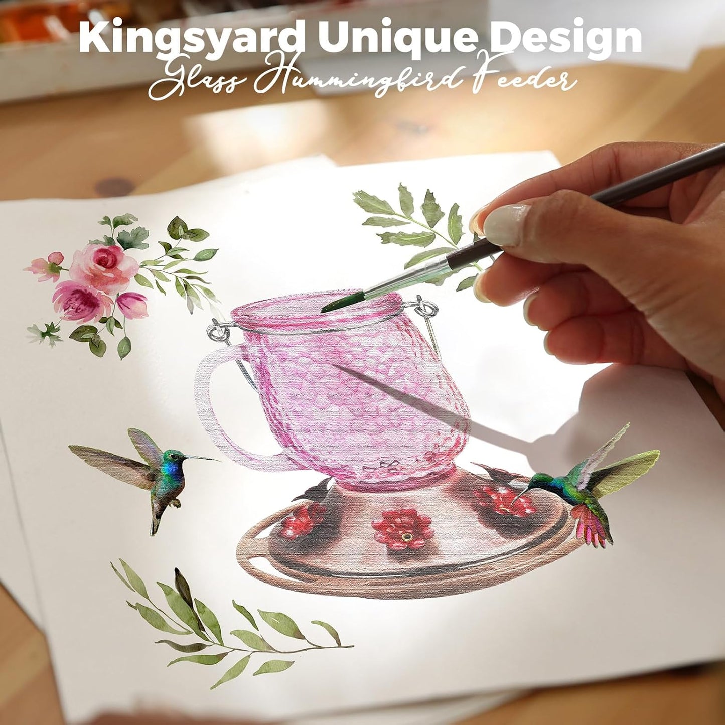Kingsyard Glass Hummingbird Feeders for Outdoors, 16 Oz Wild Bird Feeder 6 Feeding Ports & Ant Moat Included, Hanging Bird Nectar Feeder for Garden Tree Yard Outside Decoration, Pink
