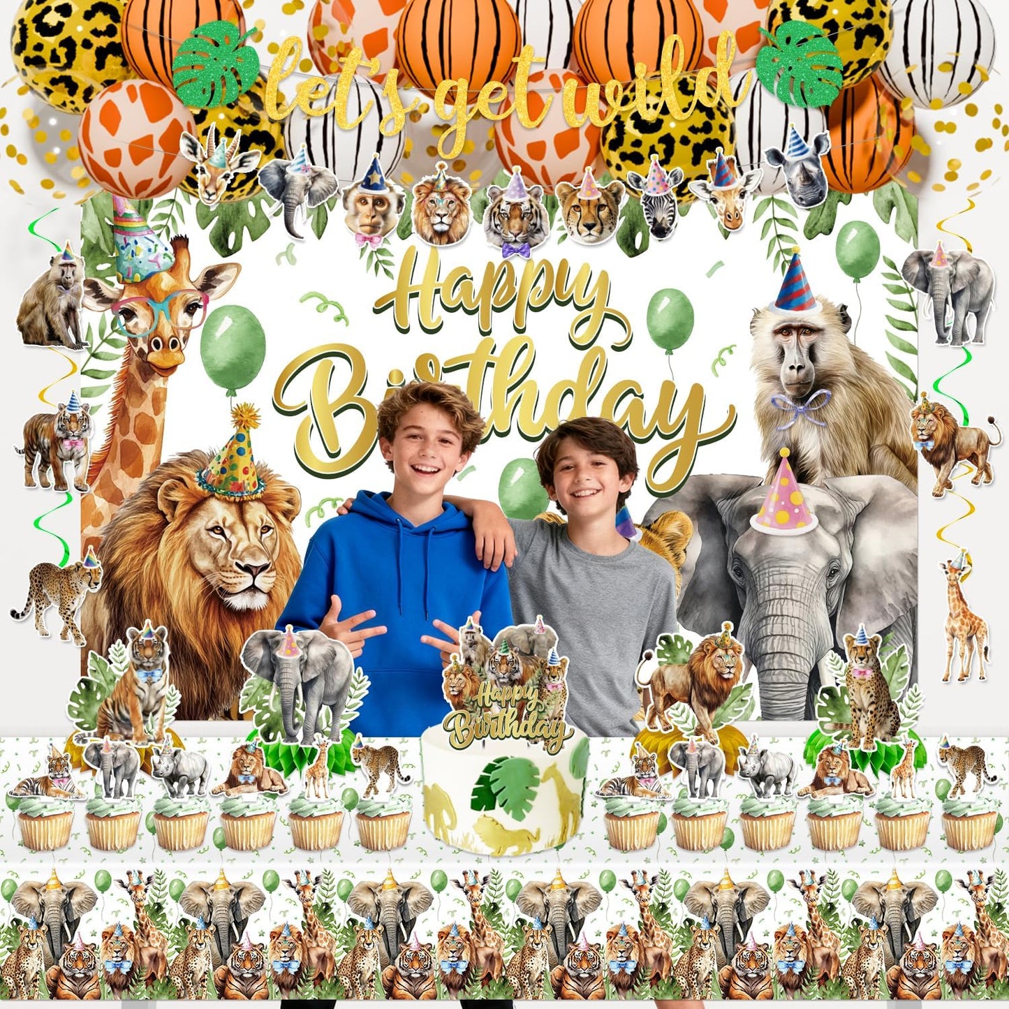 Safari Birthday Party Decorations, Jungle Wild Animals Birthday Party Supplies Decor with Backdrop, Banner, Balloons, Cake Toppers, Tablecloth, Centerpieces, Hanging Swirls