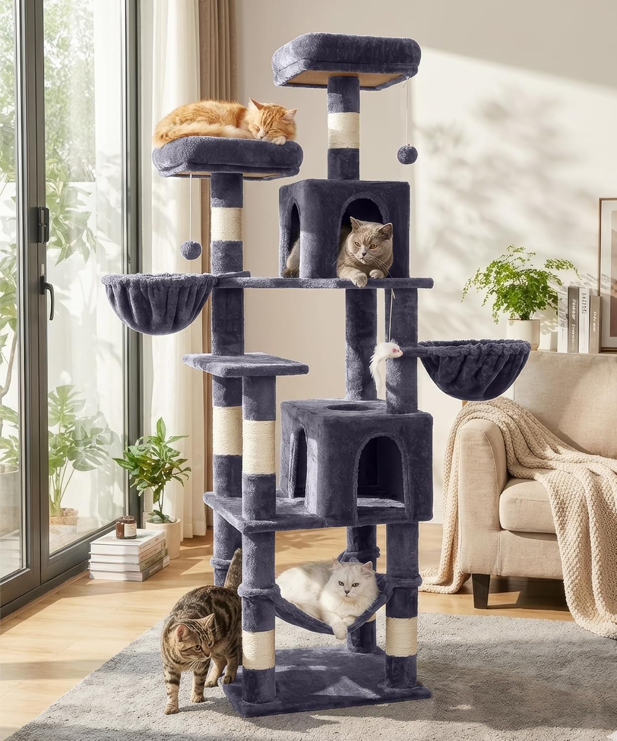 AMHANCIBLE Tall Cat Tree, 70 Inch Cat Tower for Indoor Cats, Multi-Level Cat Tree with Scratching Post, Hammock, Hanging Basket, Large Cat Condos for Adult Cats Kittens, Dark Grey, PT18DG