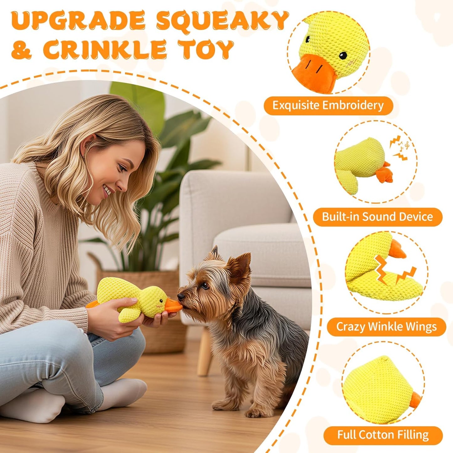 Dog Calming Duck Toys, 2026 New Interactive Duck Toy with Quack Sound and Crazy Crinkle for Puppy Teething, Soft Stuffed Plush Calming Duck Toy for Dogs Reduce Boredom -Yellow, 9.8"x8.6"(S)