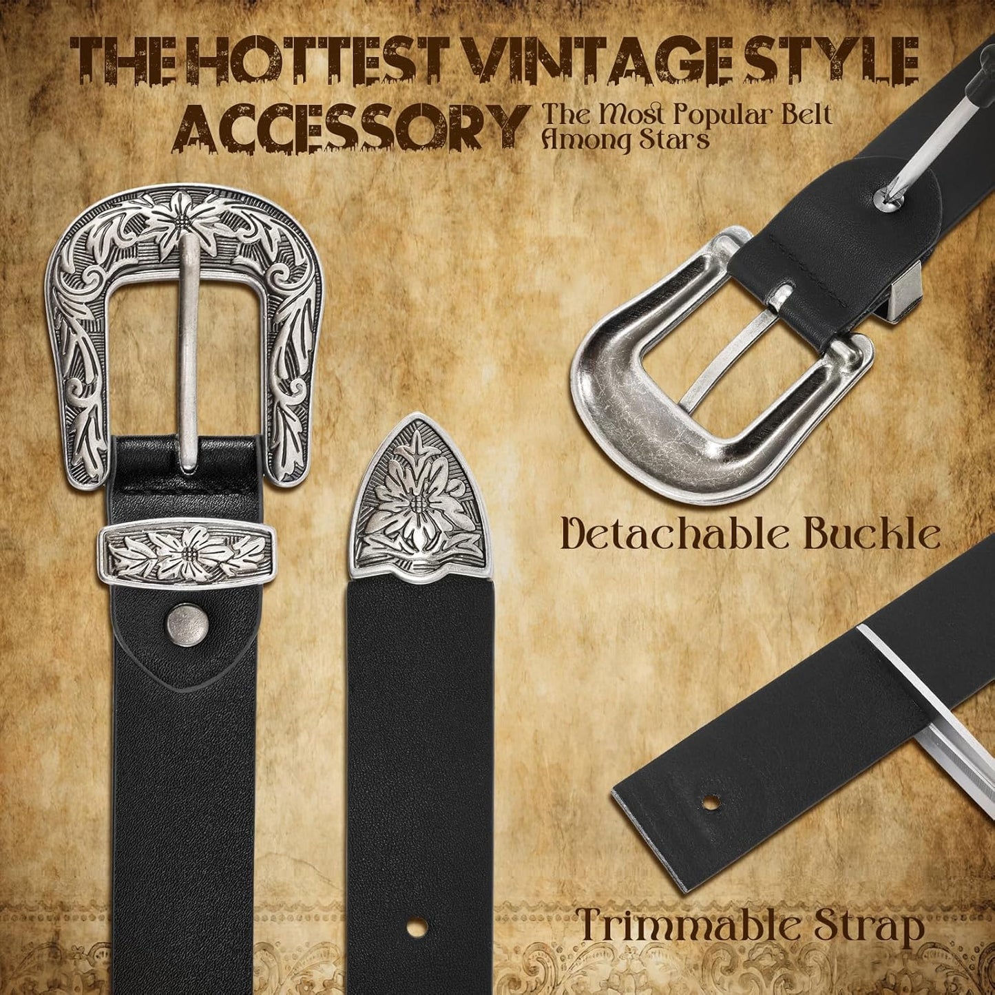 JASGOOD Women Leather Belts Ladies Vintage Western Design Black Waist Belt for Pants Jeans Dresses