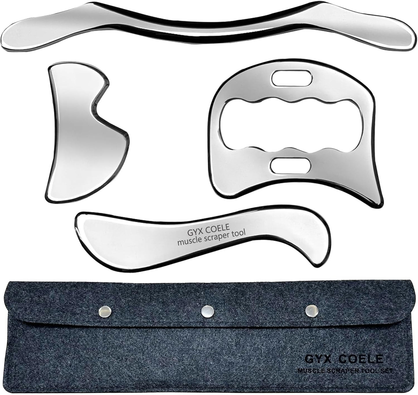 4 in 1 Stainless Steel Gua Sha Muscle Scraper Tool, Professional IASTM Physical Therapy Tool Set for Massage and Scraping （4pcs Carry Bag）