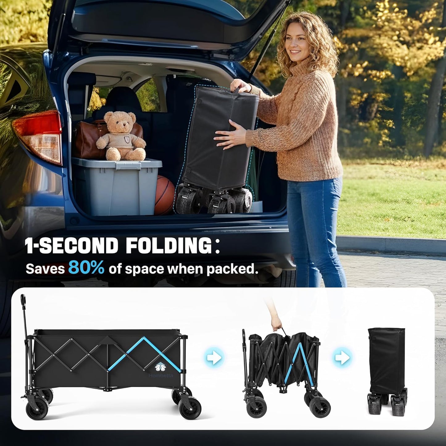 Homebetta XL Collapsible Wagon Cart，48" Heavy Duty Collapsible Utility Wagon with All-Terrain Big Wheels, 560LBS Folding Wagon for Garden, Moving,Glamping, Beach, Gift
