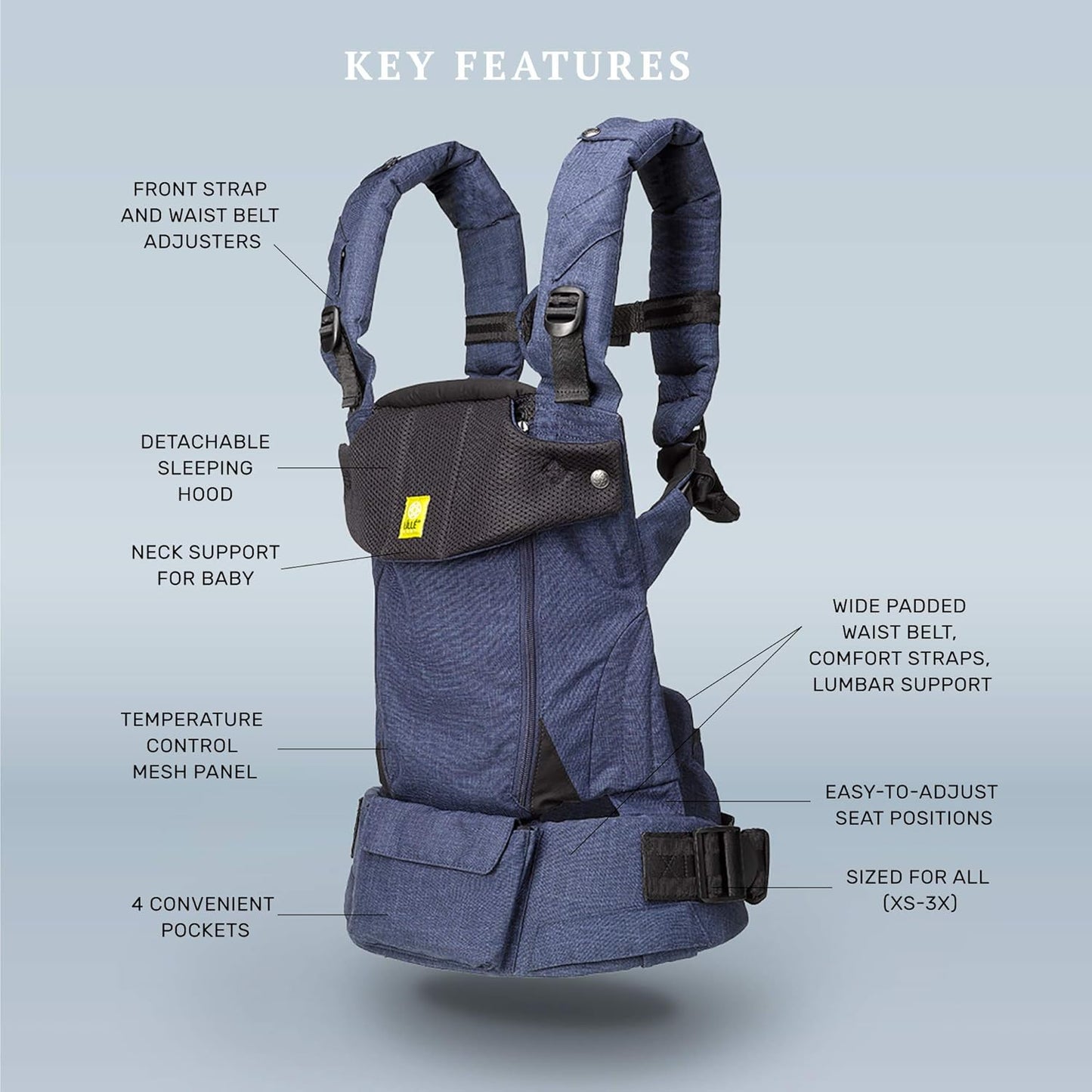LÍLLÉbaby Serenity 6-in-1 Ergonomic Baby Carrier, Newborn to Toddler, Lumbar Support with Convertible Tote, Indigo