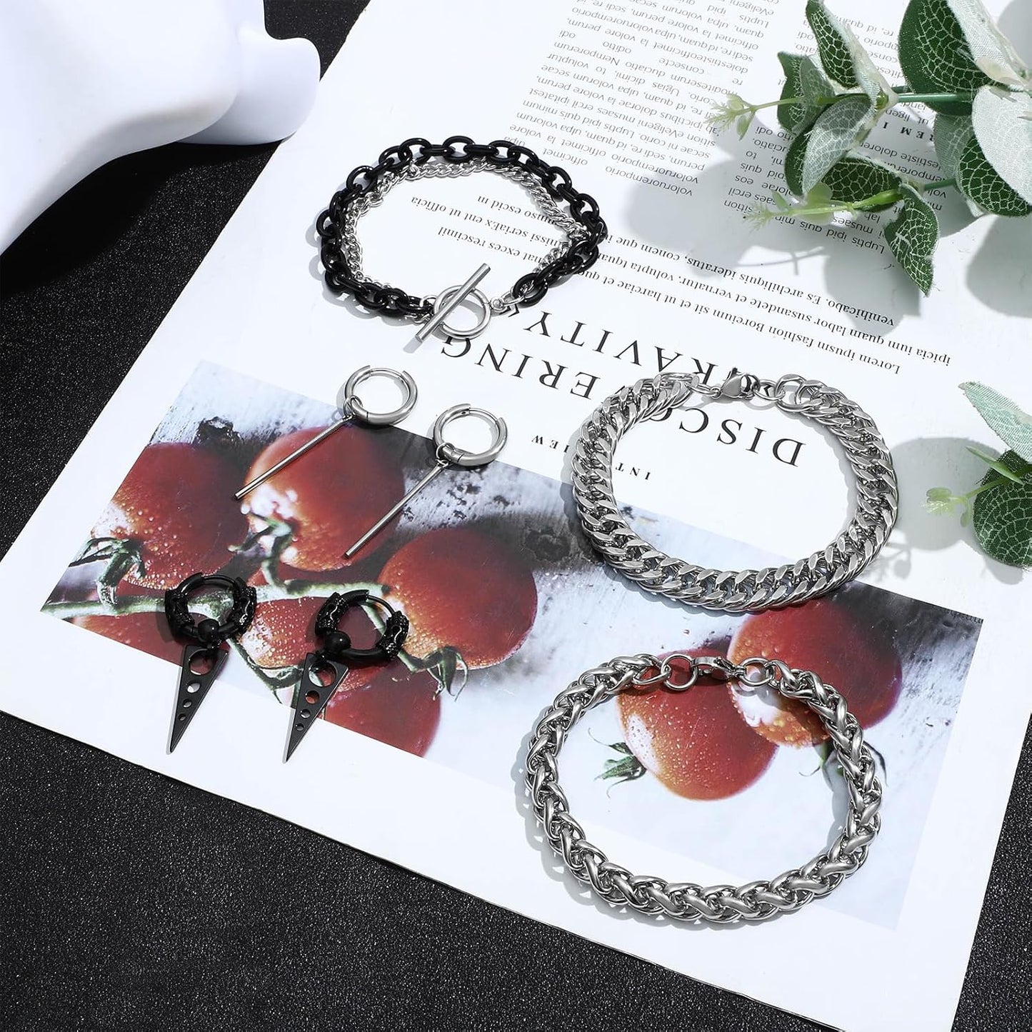 NEWITIN 31 Pieces Stainless Steel Jewelry Set for Men Black Silver Chain Necklace Bracelet Cross Pendant Necklaces Vintage Rings Dangle Cross Earrings Cuban Jewelry Set for Men Women