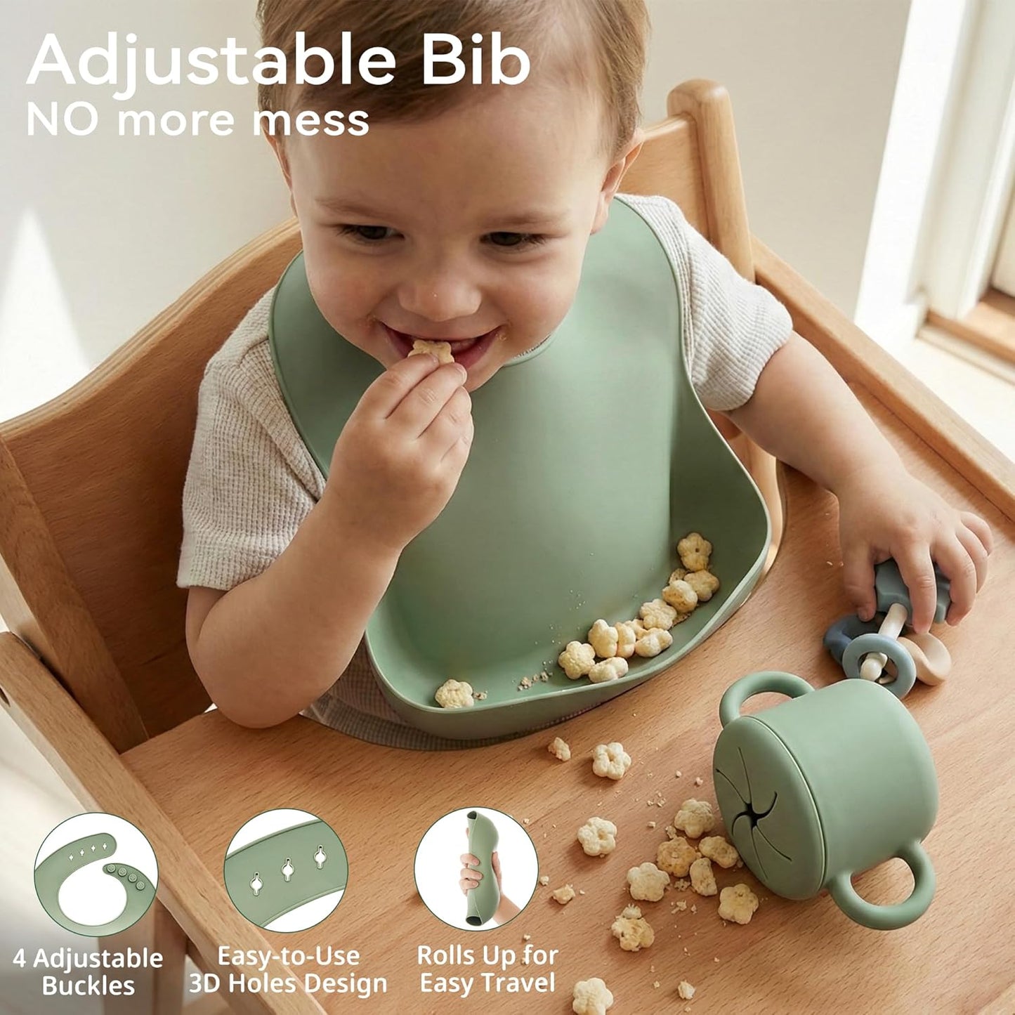 Silicone Baby Feeding Set, Baby Led Weaning Supplies, Eating Essentials Utensils with Suction Plate and Bowl, Pocket Bib, Sippy Cup with Lid, Forks Spoons Snack Container, for 6+ Months, Green