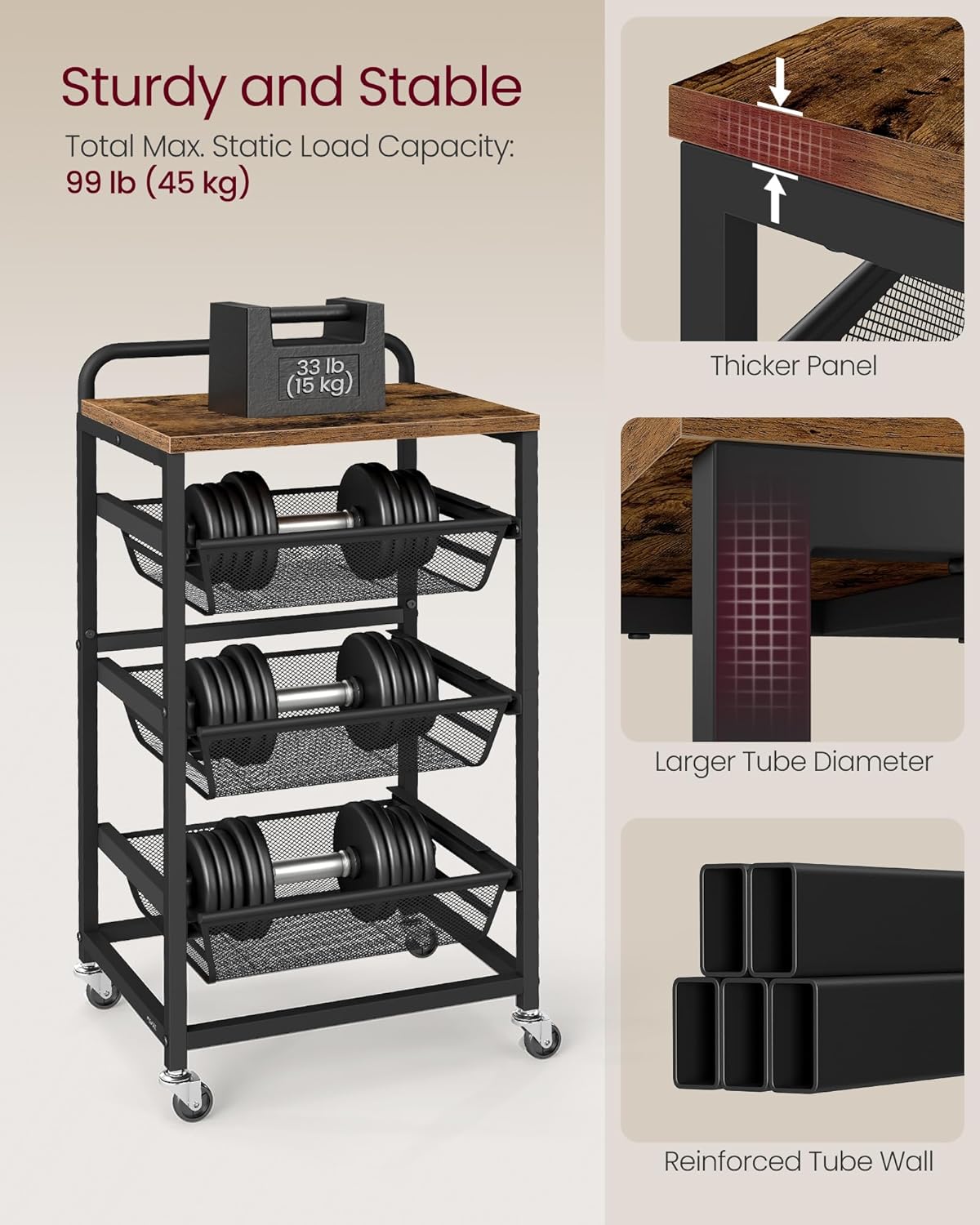 VASAGLE Storage Rolling Cart with Pull-Out Baskets, 4-Tier Utility Cart Orgnizer with Wheels for Laundry Room, Kitchen, Handle, 12.5 x 15.8 x 29.9 Inches, Rustic Brown and Ink Black ULRC040K01