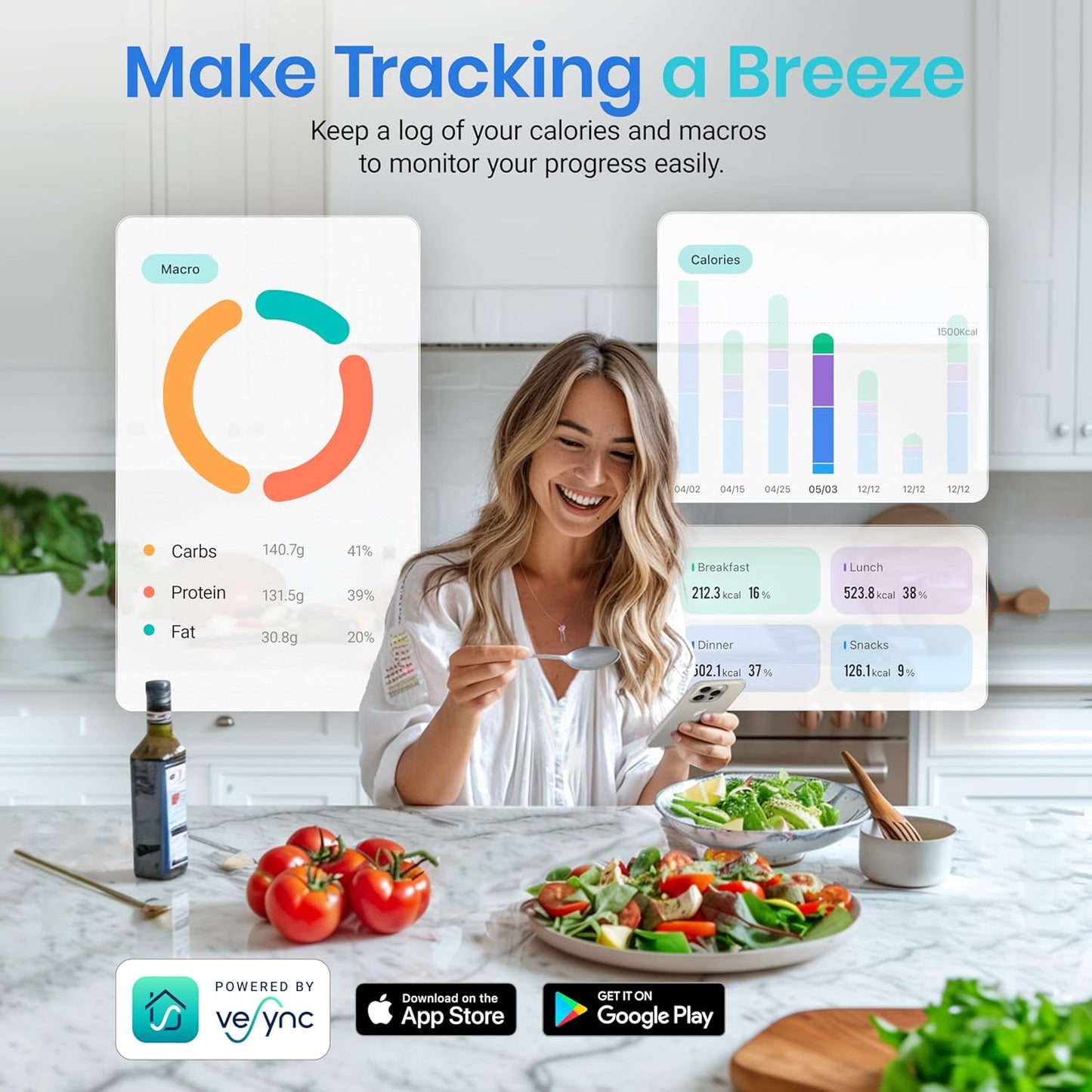 Etekcity Smart Food Kitchen Scale with Nutritional Calculator, Free App with 19 Nutrients Tracking, Calorie, Marco, Digital grams and ounces for weight loss, Premium Stainless Steel, 11lb