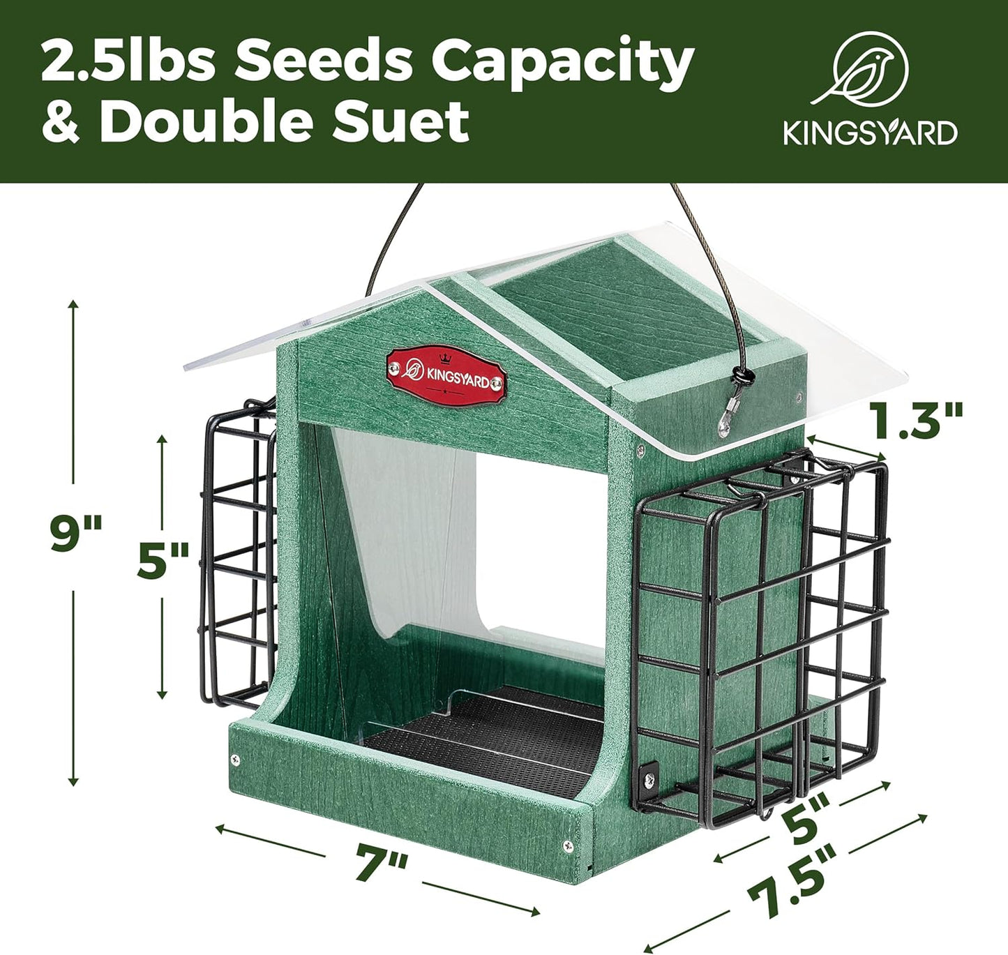 Kingsyard Bird Feeder for Outdoor Hanging - Recycled Plastic Double Suet Cages Wild Bird Feeder with Metal Mesh Tray and Rainproof Roof, 2.5 LBS Large Capacity. Green