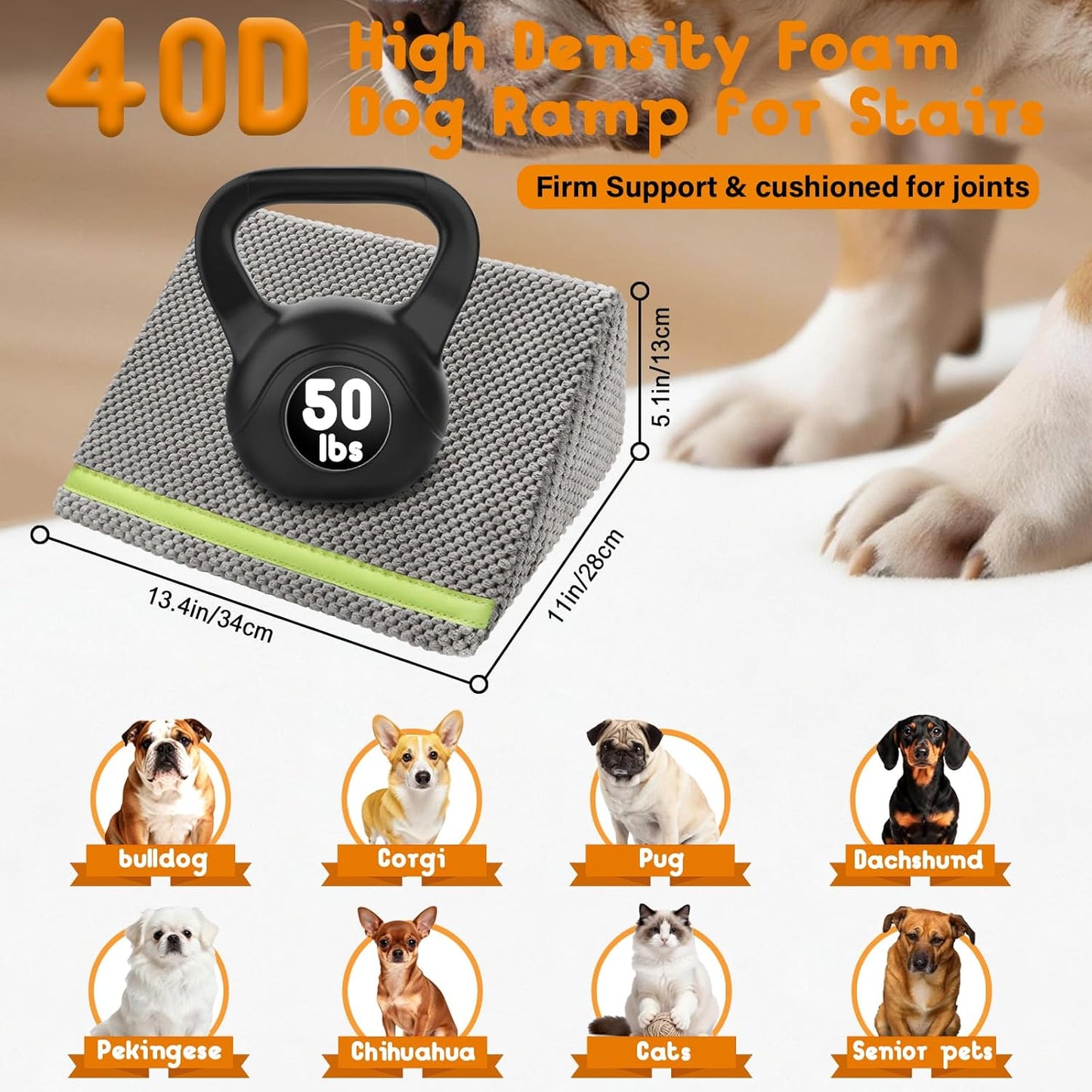 JoyBlooms Dog Ramp for Stairs for Small & Senior Dogs Cats, 40D Density Foam Gentle Slope Non-Slip Dog Stair Ramp with Glow Strip, Pet Ramp with Removable Washable Cover Gray-6pcs