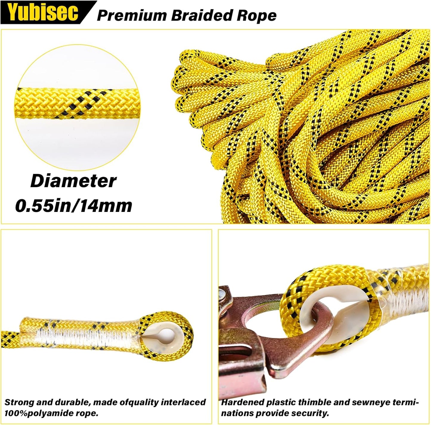 Rope Harness Safety Lanyard 100FT, Vertical Lifeline Assembly with Grab Snap Hooks Shock Absorber, Fall Protection Tree Climbing Lifeline Kit, Heavy Duty Roof Safety Equipment ANSI CE