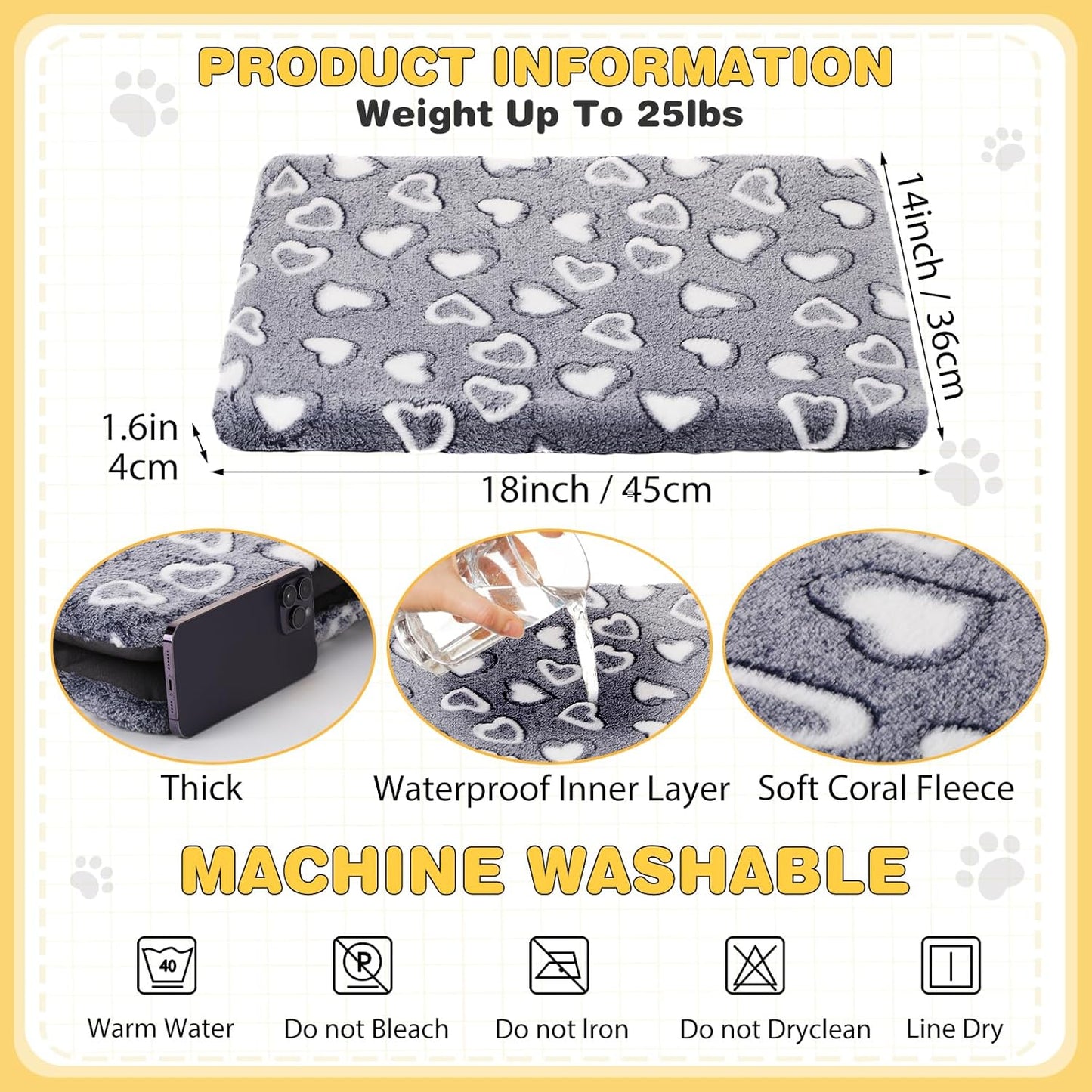 VitalCozy 3 Pcs Waterproof Reversible Dog Crate Pad Warm and Cool Dog Cats Bed Mat for Crates Sleeping Mat Cozy Heart Pattern Pet Bed for Puppy Cat Puppy Kitten Cushion Carrier, Grey(18"x14"x1.6")