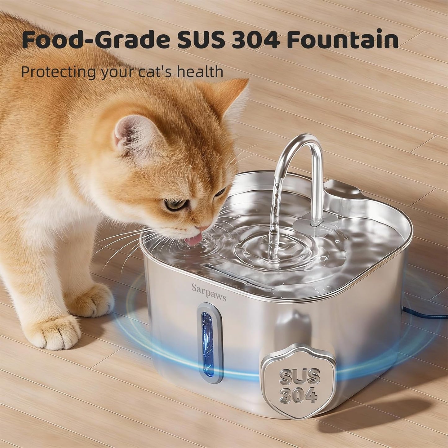 Cat Water Fountain Stainless Steel, 2.2L/74oz Pet Water Fountain for Cats Indoor, Ultra Quiet Cat Fountain for Cats and Small Animals, Cat Fountain for Drinking with 2 Filters & 2 Sponges