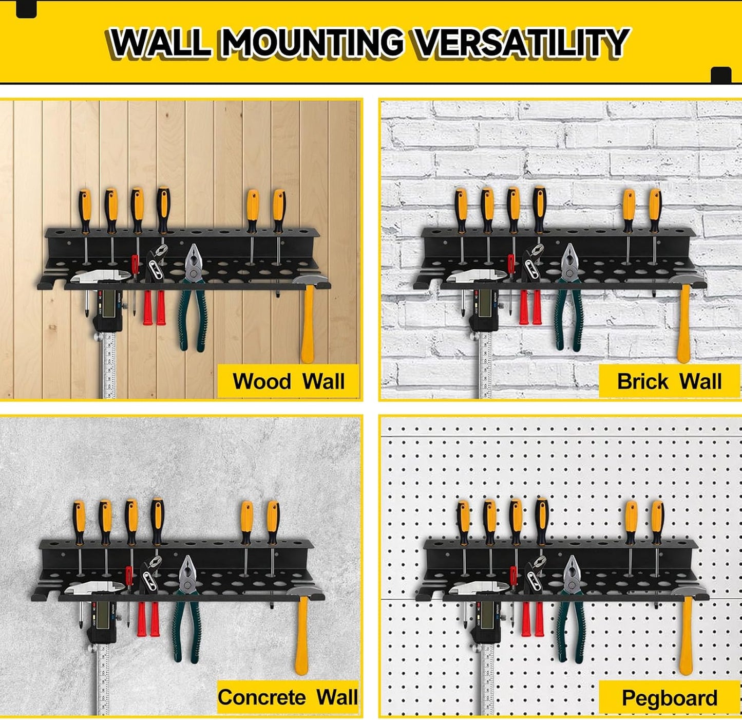 Metal Screwdriver Organizer, 15.75inch Utility Wall Mount Tool Organizer for Screwdrivers Pliers Holder with 35 Holes, Hand Tool Storage Rack for Workbench, Garage, Warehouse (Black, 2 Layers)
