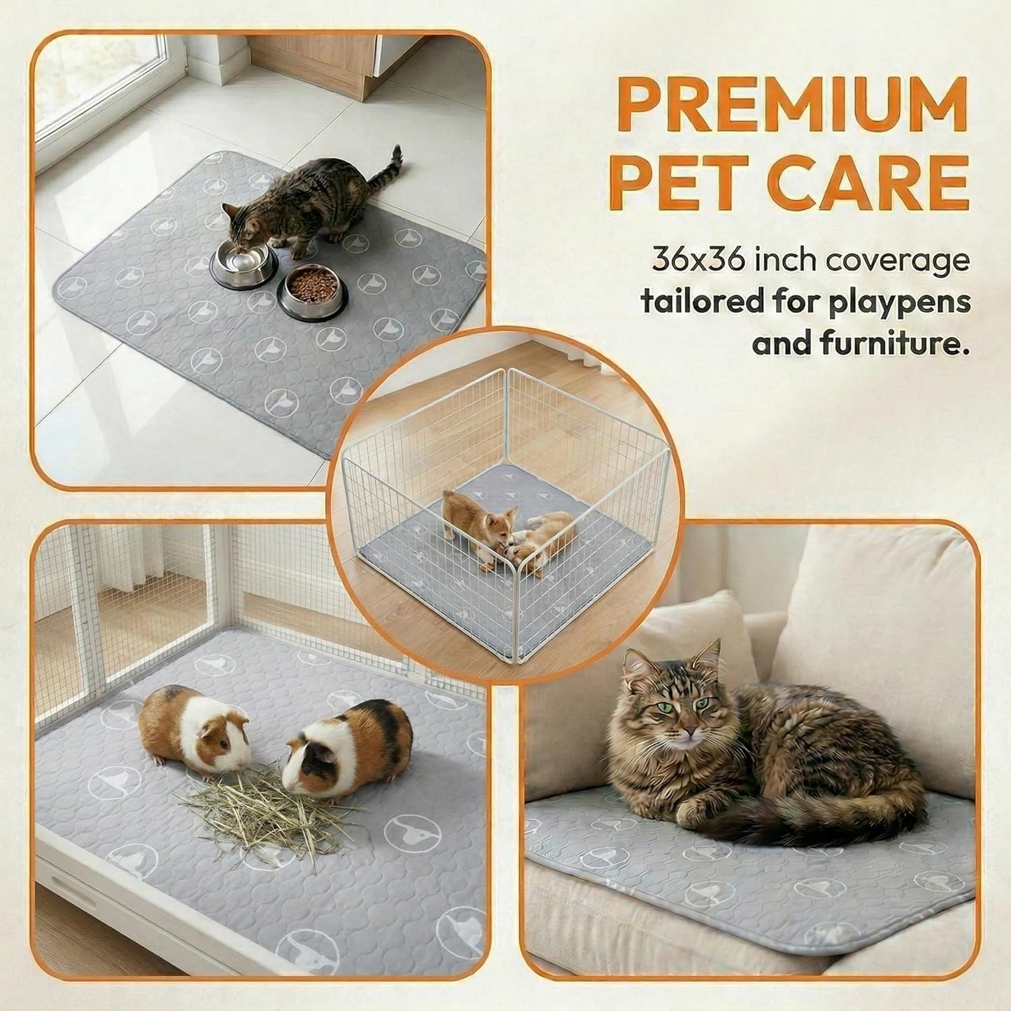 PJYuCien 2 Pack Non-Slip 36"x36" Pet Playpen Mat with 3-Layer Comfort, Reusable and Washable Training Crate Pad, Travel Mat and Sofa Protector for Puppies, Dogs, Cats, Rabbits, and Small Animals, Gray