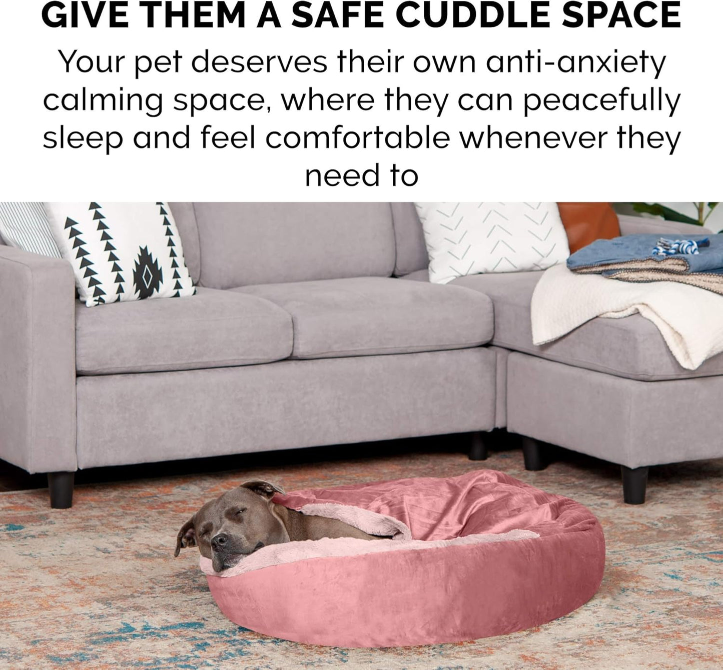 Furhaven 27" Round Calming Donut Dog Bed for Medium/Small Dogs, Washable, For Dogs Up to 45 lbs - Plush Velvet Waves Hooded Donut Bed - Rose Pink, Medium