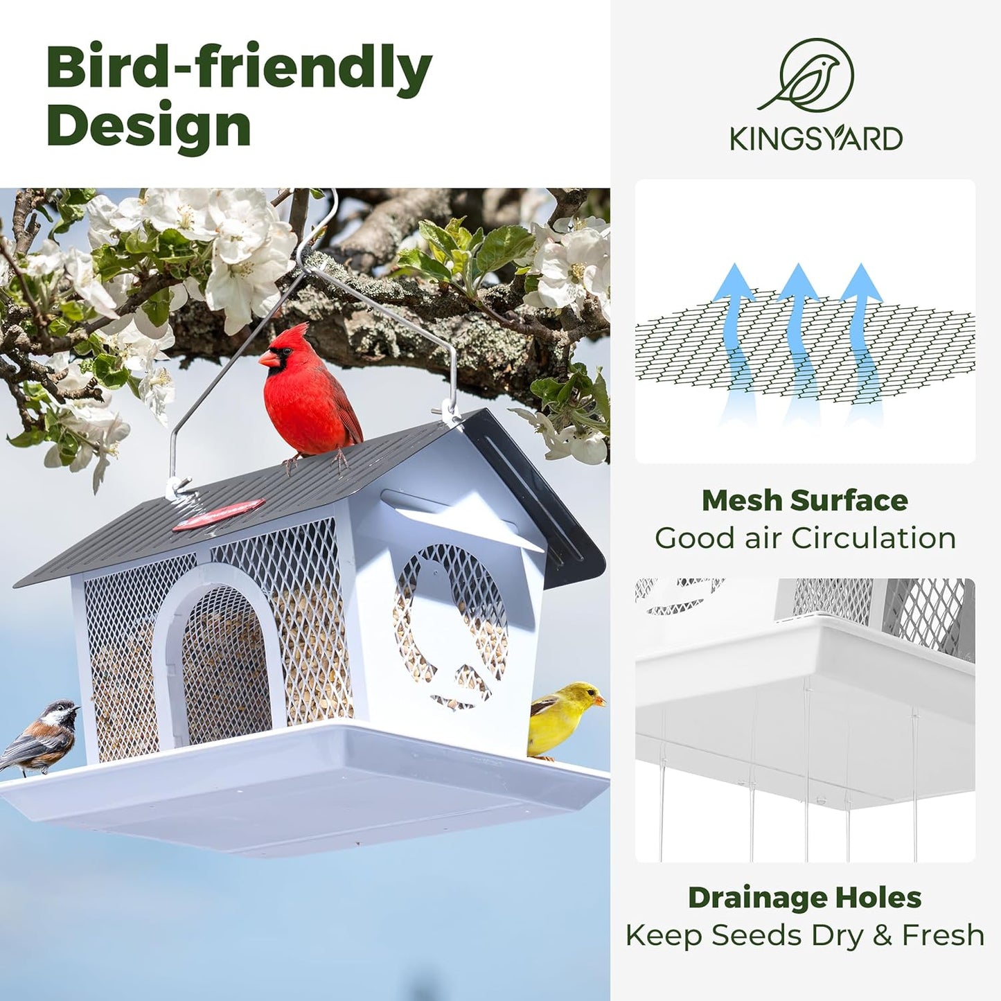 Kingsyard Bird Feeder for Outdoors Hanging, Dual-Use Metal Mesh Wild Bird Feeders with Seed Tray & Weatherproof Roof, 3 lbs Large Capacity, White
