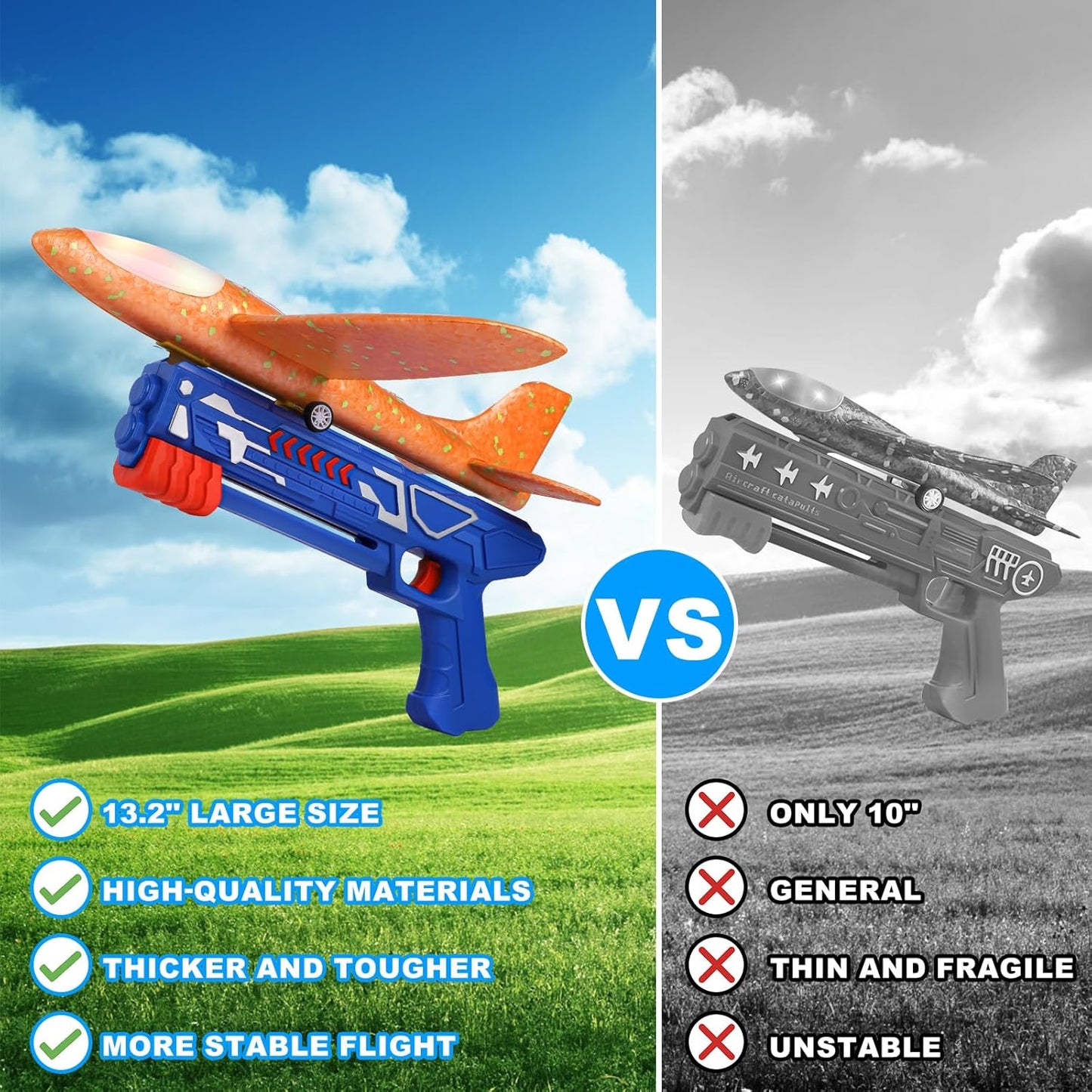 Fuwidvia 3 Pack Airplane Launcher Toys, 13.2'' LED Foam Glider Plane Toy for Boys, 2 Flight Modes Outdoor Flying Toys Birthday Gifts for Boys Girls 4 5 6 7 8 9 10 11 12 Year Old (Blue&Green&Orange)