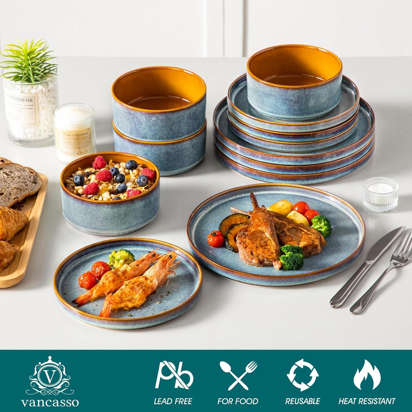 vancasso ONION Ceramic Plates and Bowls Sets, 12 Pieces Blue Dinnerware Sets for Kitchen, Reactive Glaze Dishes Set for 4, Dishwasher and Microwave Safe