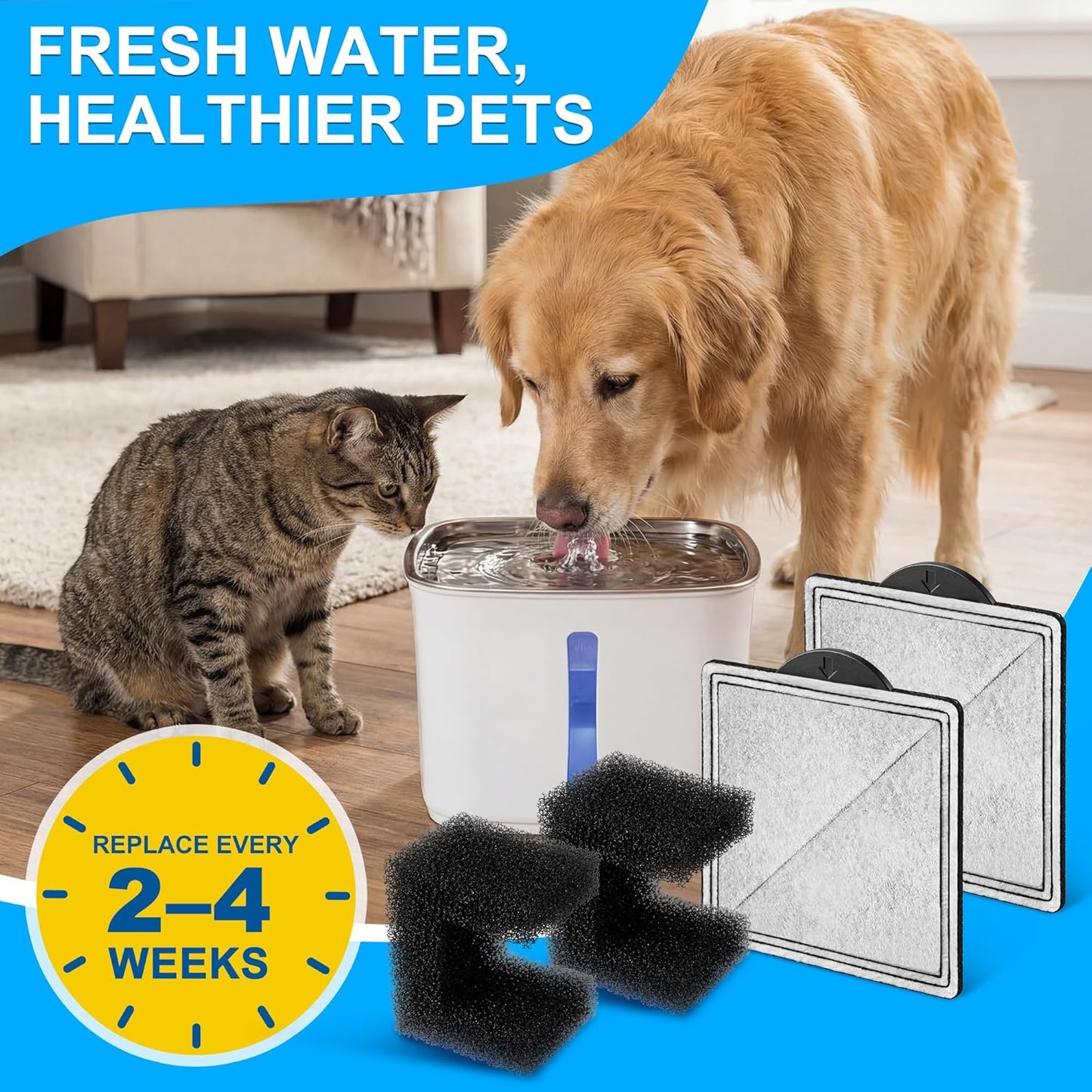 Enhon 24 Pack Cat Water Fountain Filter Replacement Kit, 12 Foam Filters & 12 Carbon Filters Compatible with PetSafe Viva 64/140oz, Outlast Pumpless, Ion-X & Premier Pet Fountains, Dual Filtration