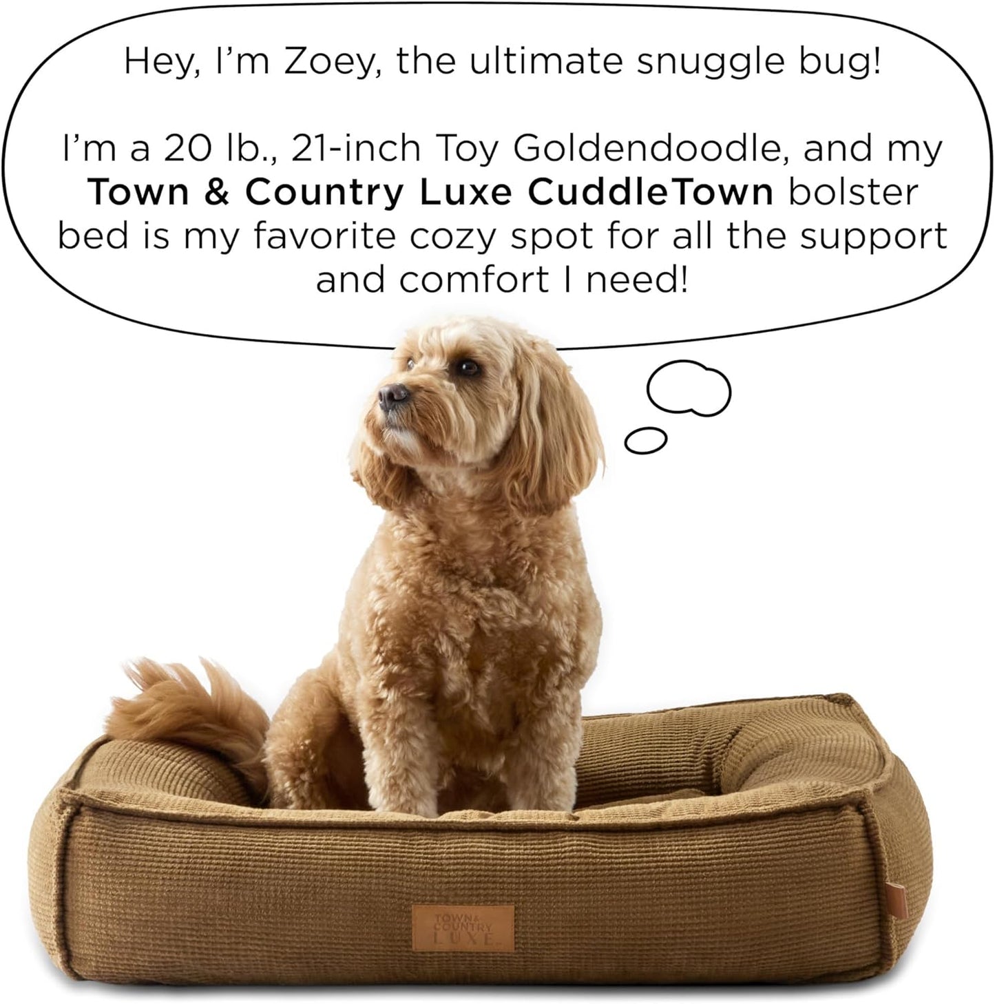 Town & Country Luxe CuddleTown Cozy Bolster Pet Bed, Ribbed Corduroy Texture, Machine Washable Cover, Soft, Cozy & Calming, Non-Slip Bottom, Brown, Medium 27"x22"x7"