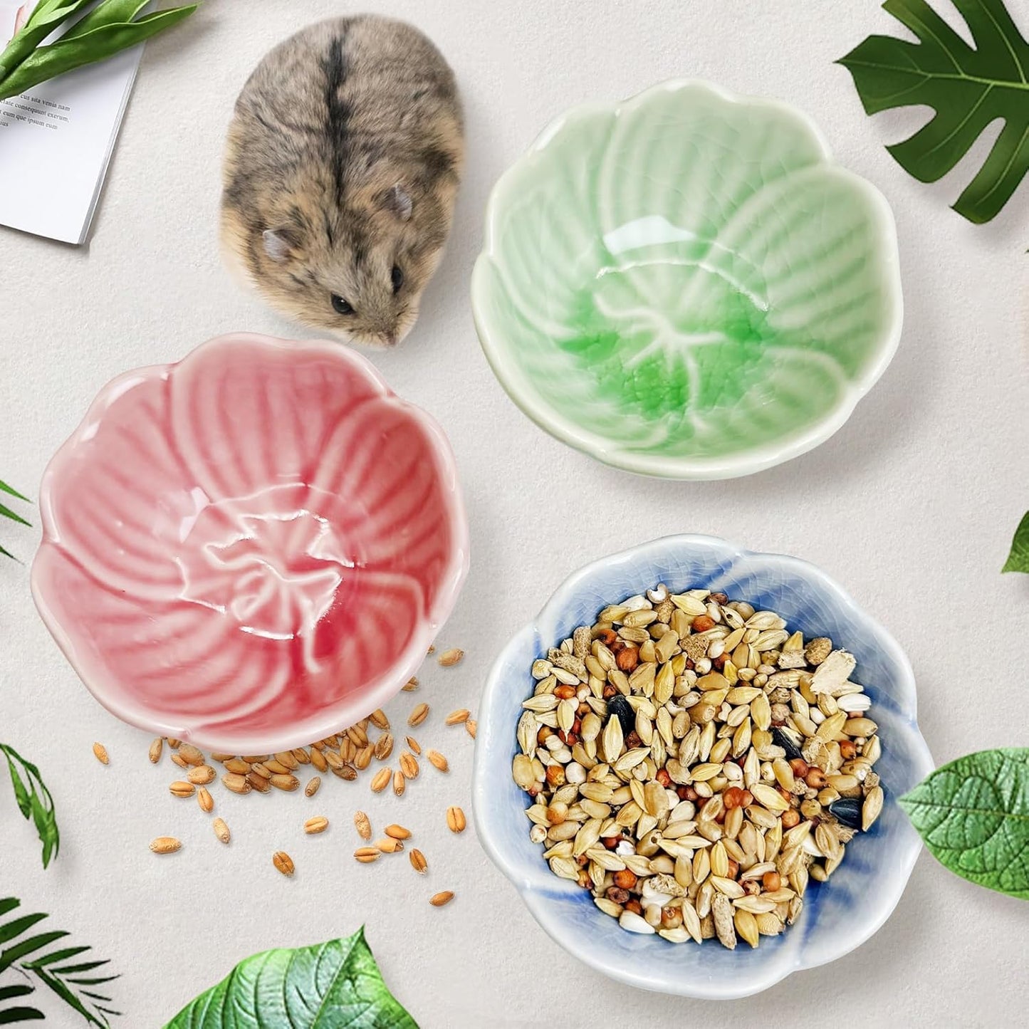 BNOSDM 2 Pcs Hamster Ceramic Food Bowl Flower Series Gerbil Drinking Bowls Anti-Turning Food & Water Dish for Dwarf Syrian Hamsters Gerbil Chinchilla（Pink, Narcissus Pattern）