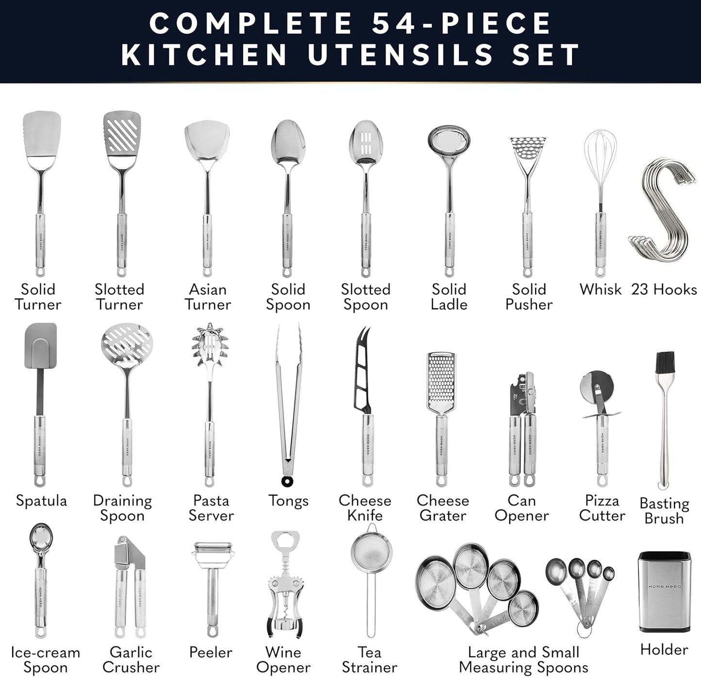 Home Hero 54-Piece Stainless Steel Kitchen Utensils Set - Heat-Resistant Nonstick Silicone & Stainless Steel Cooking Utensils - Complete Tools with Slotted Spoon & Pasta Spoon - Pack of 54, Silver
