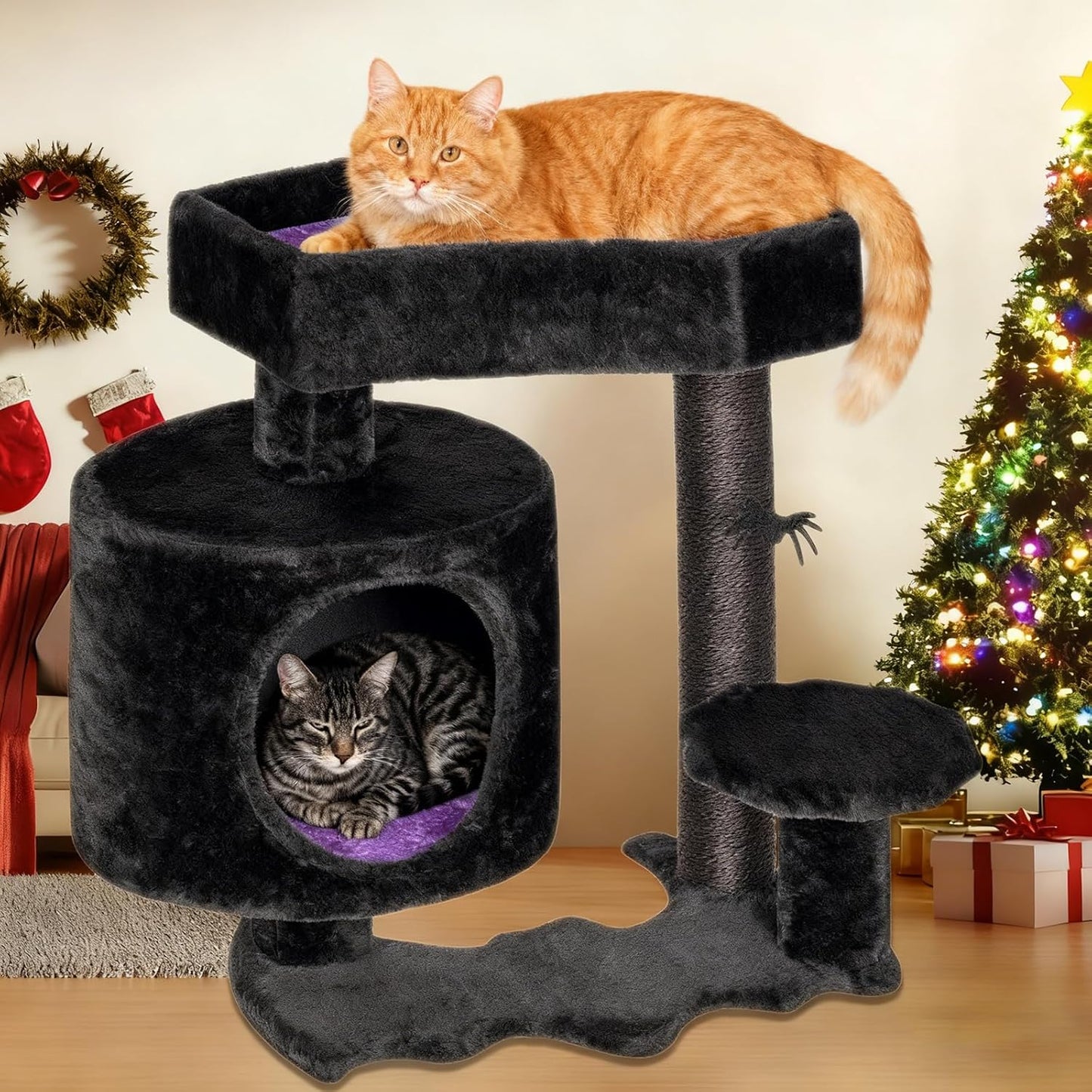 BEWISHOME Cat Tree, Gothic Cat Tree with Coffin Bed, Goth Cat Tree Tower with Scratching Posts, Cat Shelves for Kittens, Spider Toy, Black and Violet Small MMJ93Z