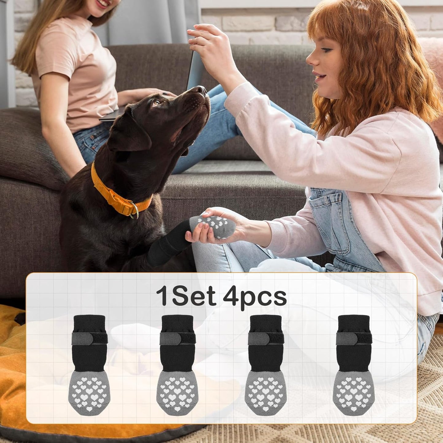 Non-Slip Dog Socks Prevent Licking Paws,Grippy Socks for Senior Dog Walk on Hardwood Floor,Paw Protectors,Black 2 Pairs,XS