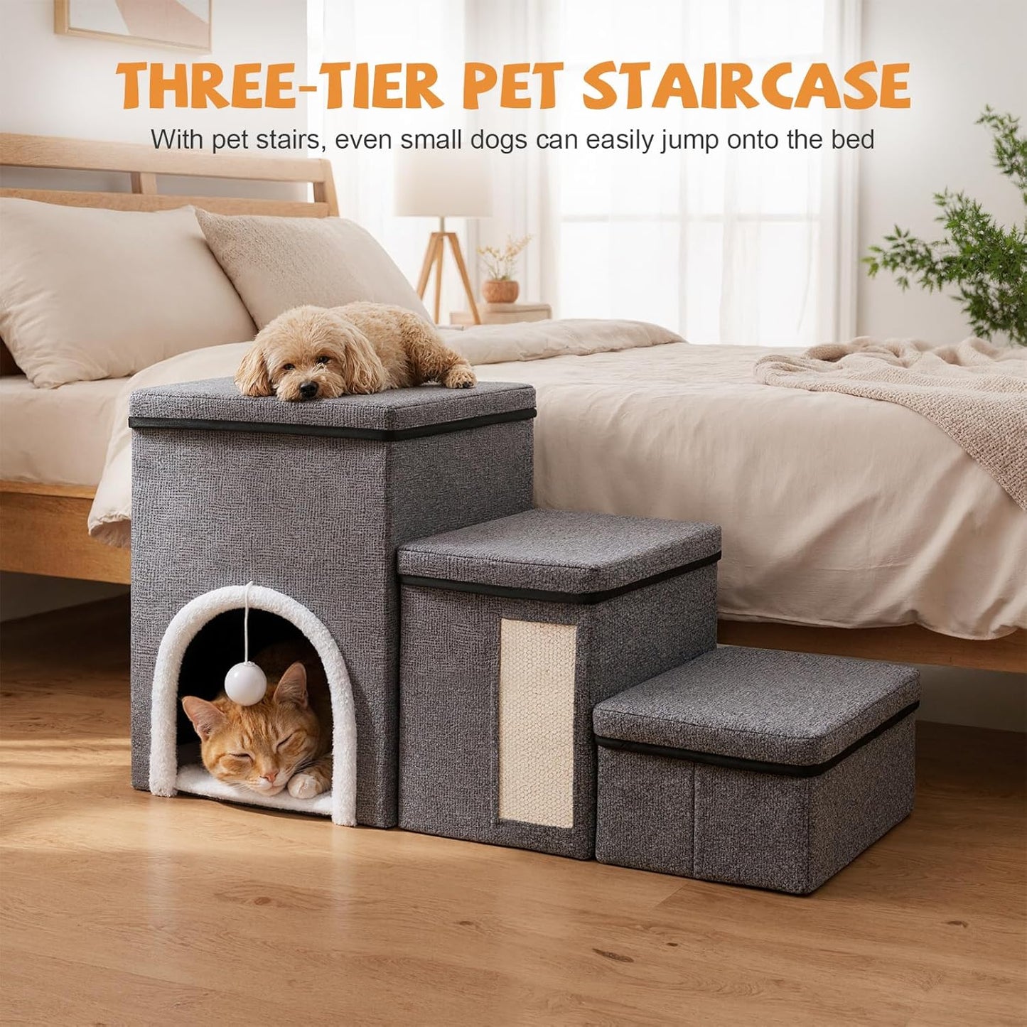 Foldable Dog Stairs for Small Dogs - Adjustable Pet Stairs for Bed or Couch with Storage, Non-Slip Design & Durable Build - Perfect Dog Steps for Mobility & Comfort