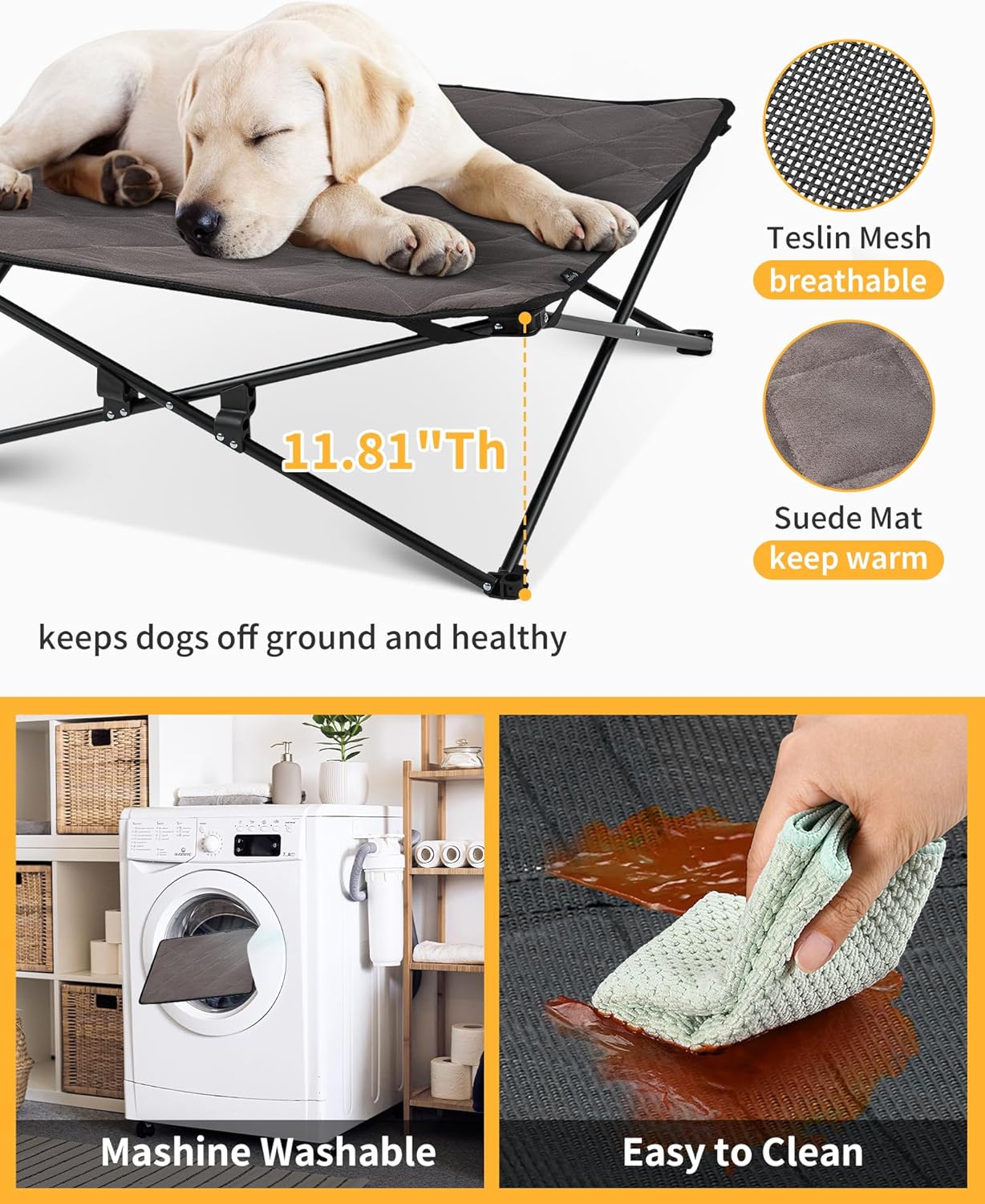 KingCamp Elevated Dog Bed for Medium Dogs, Raised Outdoor Indoor Portable Cooling Cot Lifted Pet Hammock off Ground with Washable Breathable Mesh & Frame with Non Slip Foot for Camping Backyard, Black