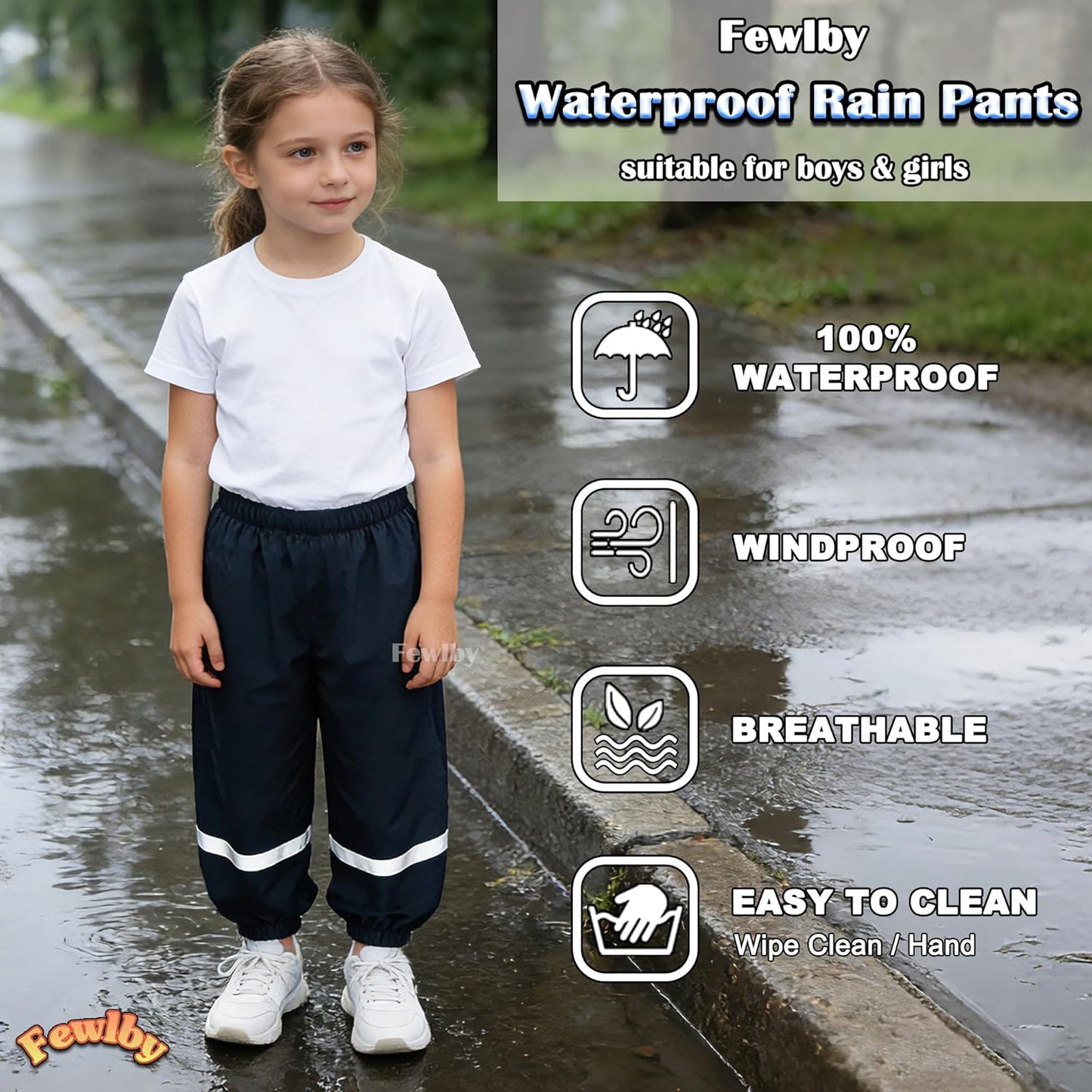 Fewlby Kids' Rain Pants Toddler Waterproof Trousers for Boys Girls