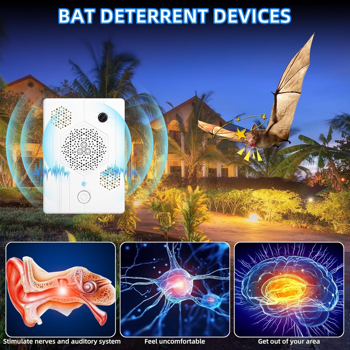 2026 Upgraded Ultrasonic Bat Deterrent for Attic & Roof, Portable Rechargeable Bat Repellent for House Eaves, Safe Electronic Pest Control to Keep Bats Away from Porch & Indoor, 2 Pack