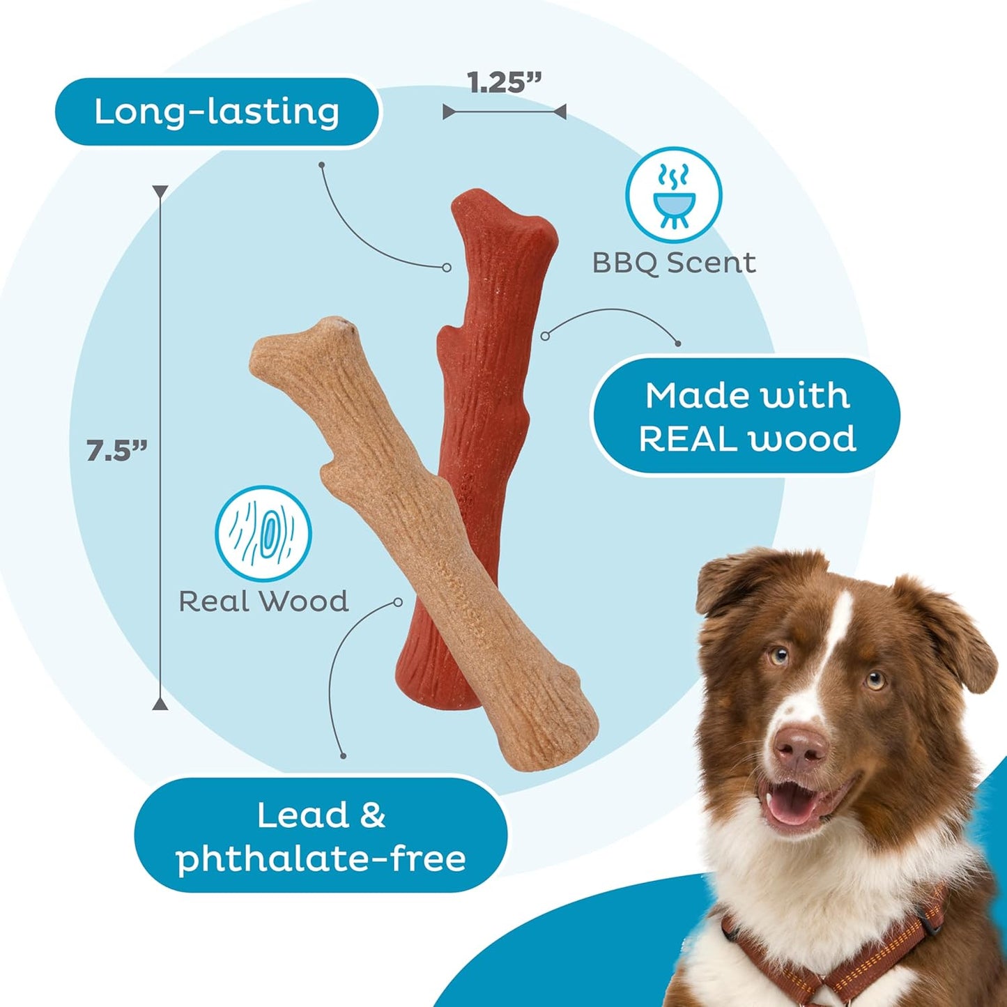 Pupstages Dogwood Mesquite Dog Chew Toy – Real-Wood Blend, Moderate Chewers, Medium, 7.5", 2-Pack (Natural & Mesquite Flavors)