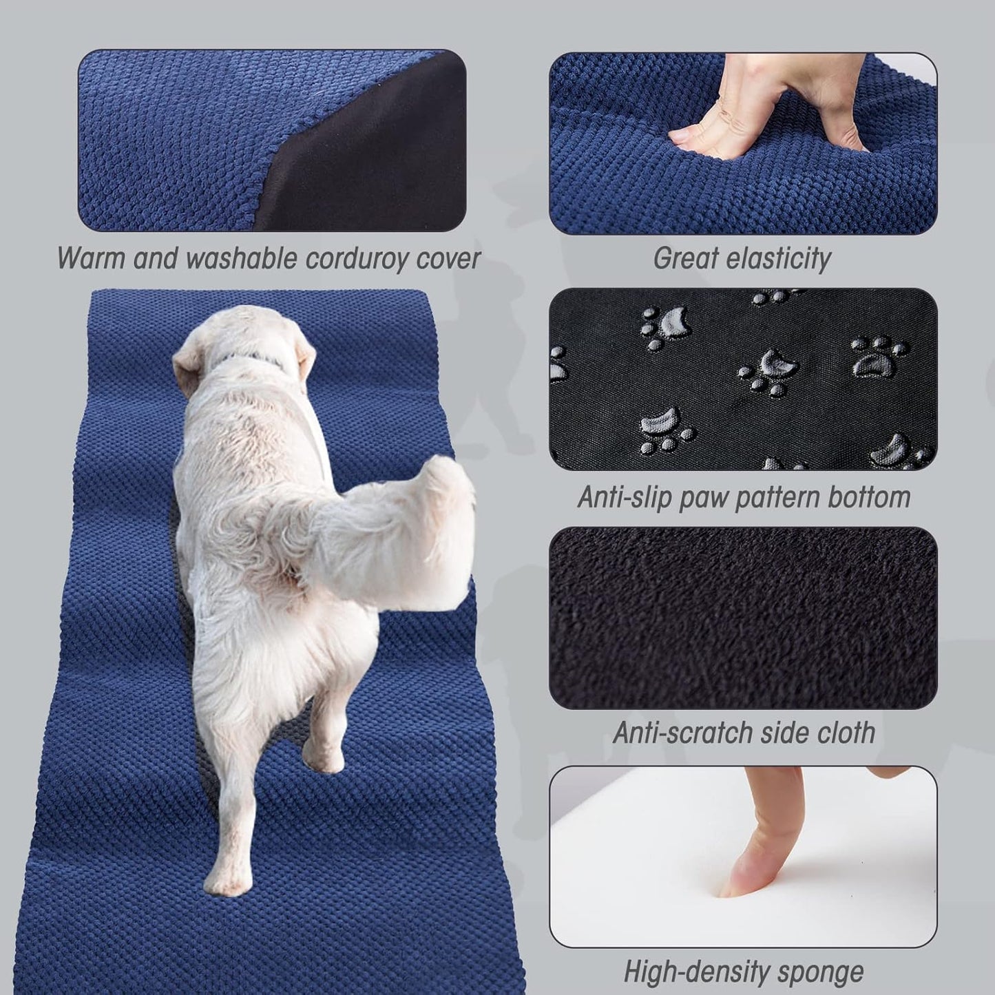 Dog Stairs&Steps for High Beds Up to 28'', 5-Step Dog Ramp for Small Medium Dogs with Washable Cover, Pet Steps for Cats to Get on Couch and Sofa, Durable Foam Ladders, 24.4" Tall, Blue