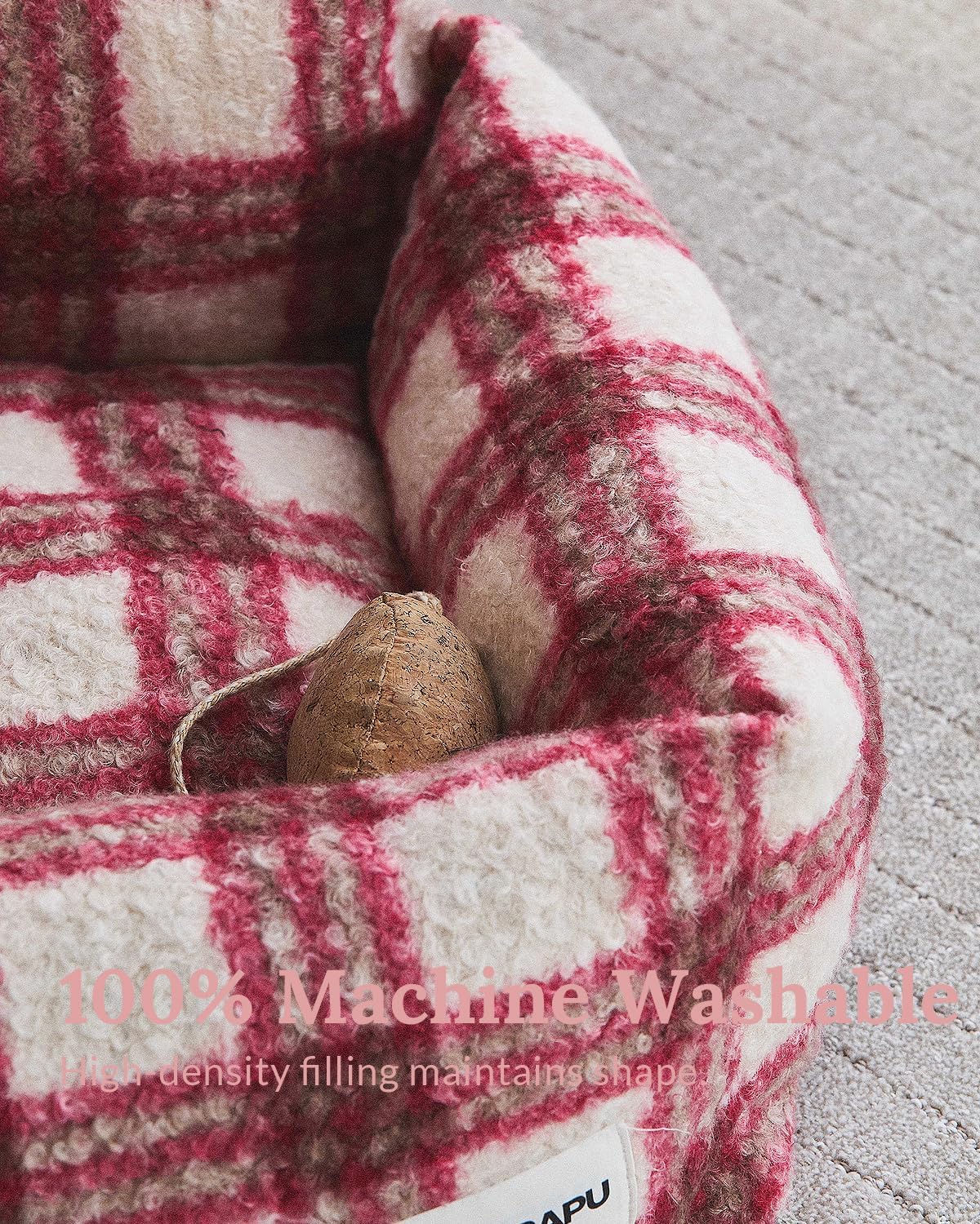 Bouclé Plaid Cat Sofa - Designer Mid-Century Modern Pet Couch, Furniture-Grade Aesthetic Bed for Indoor Cats & Small Pets, Berry Red Rustic Decor, Washable, 21.6"x17.7"