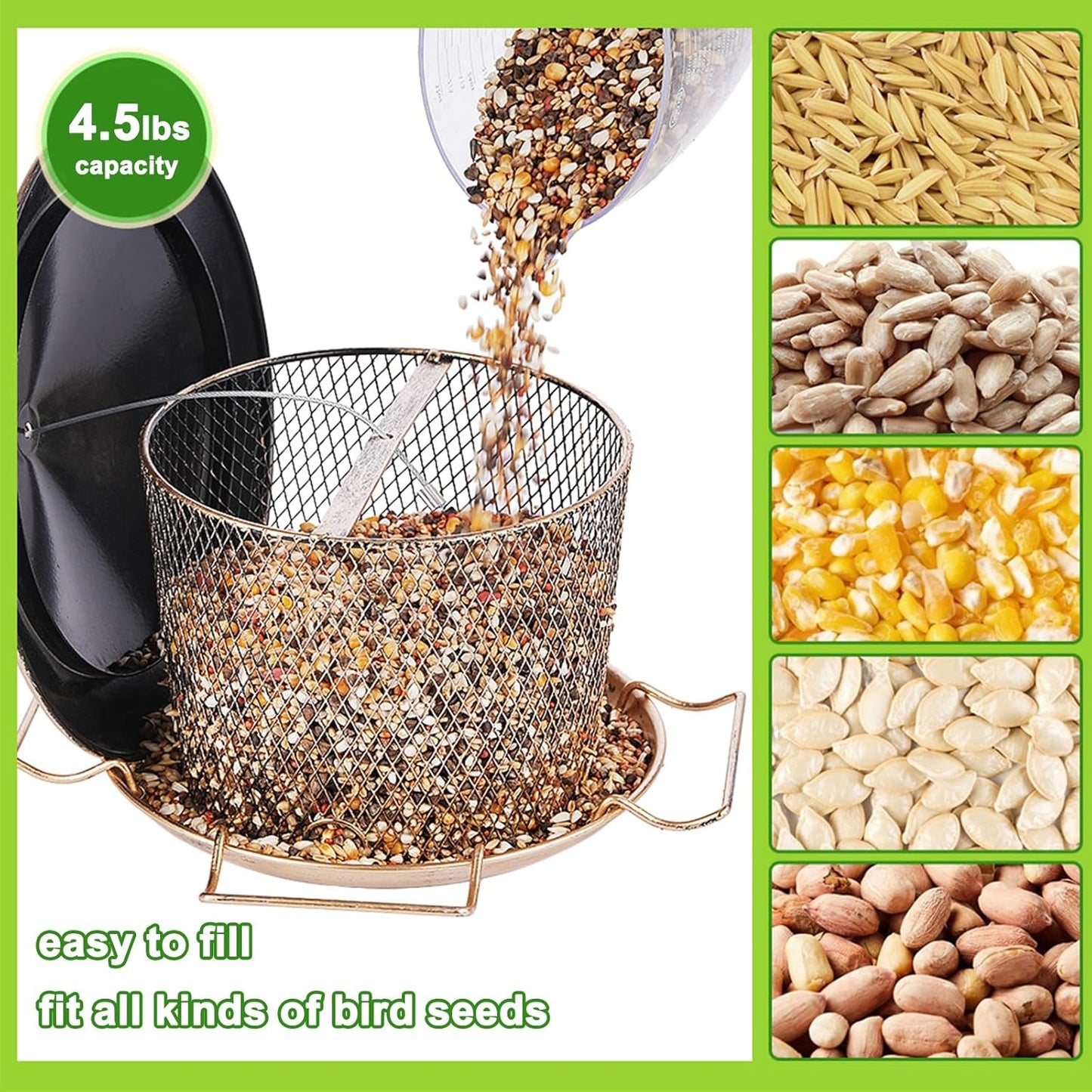 Bird Feeder for Outdoor, Weatherproof Rainproof All Metal Hanging Wild Bird Feeder with 9.8" Roof, 4.5 LBs Seeds Capacity, Easy to Clean & Refill